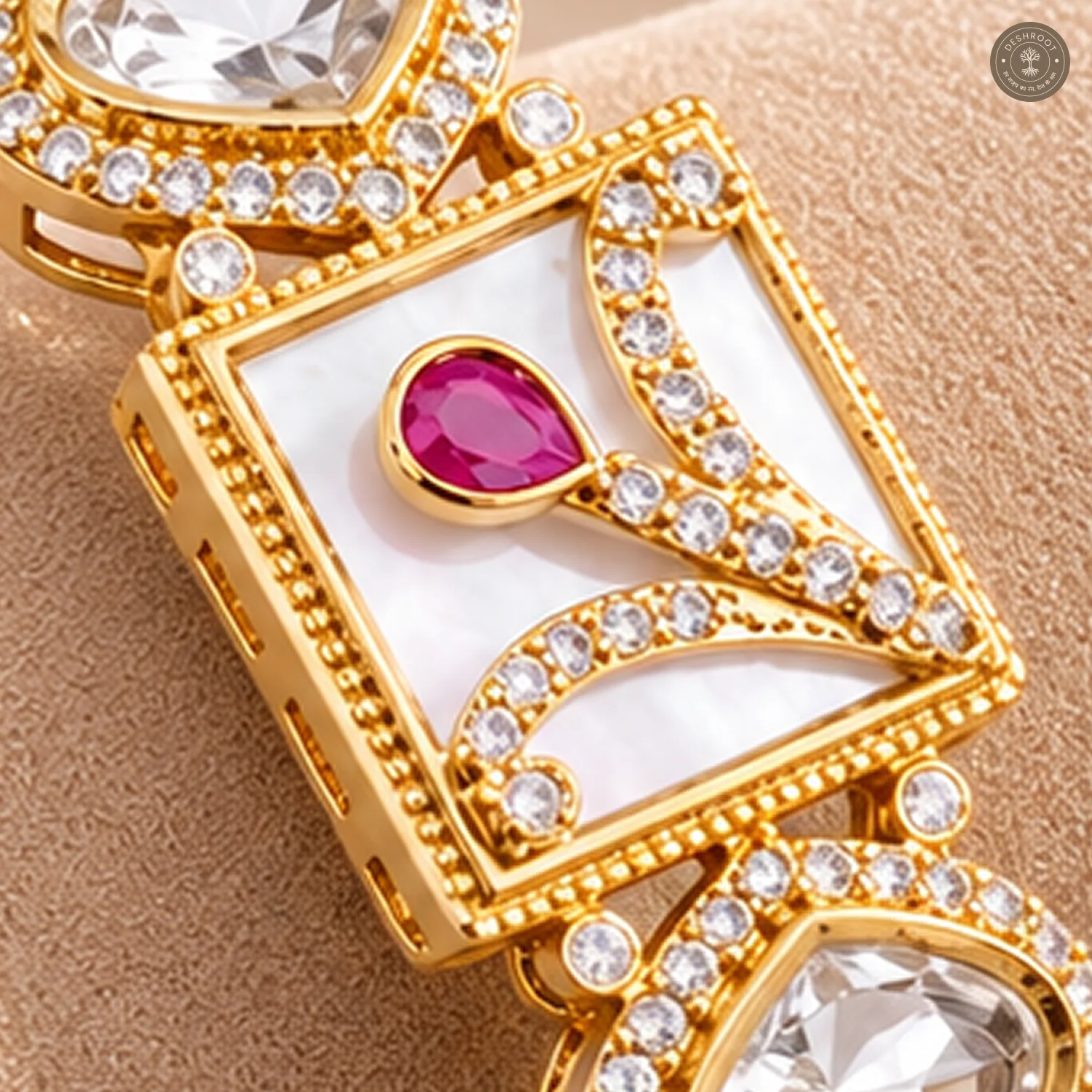 White Square Panel Pink Drop Gold-Tone Kada Bracelet