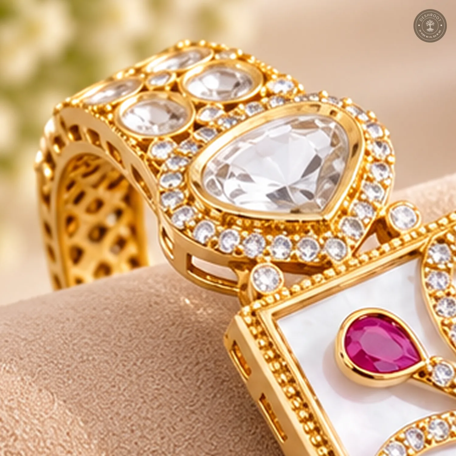 White Square Panel Pink Drop Gold-Tone Kada Bracelet