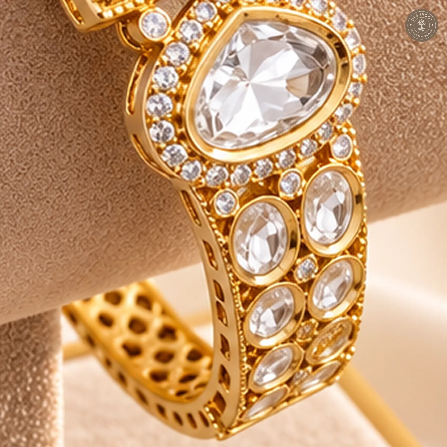 White Square Panel Pink Drop Gold-Tone Kada Bracelet
