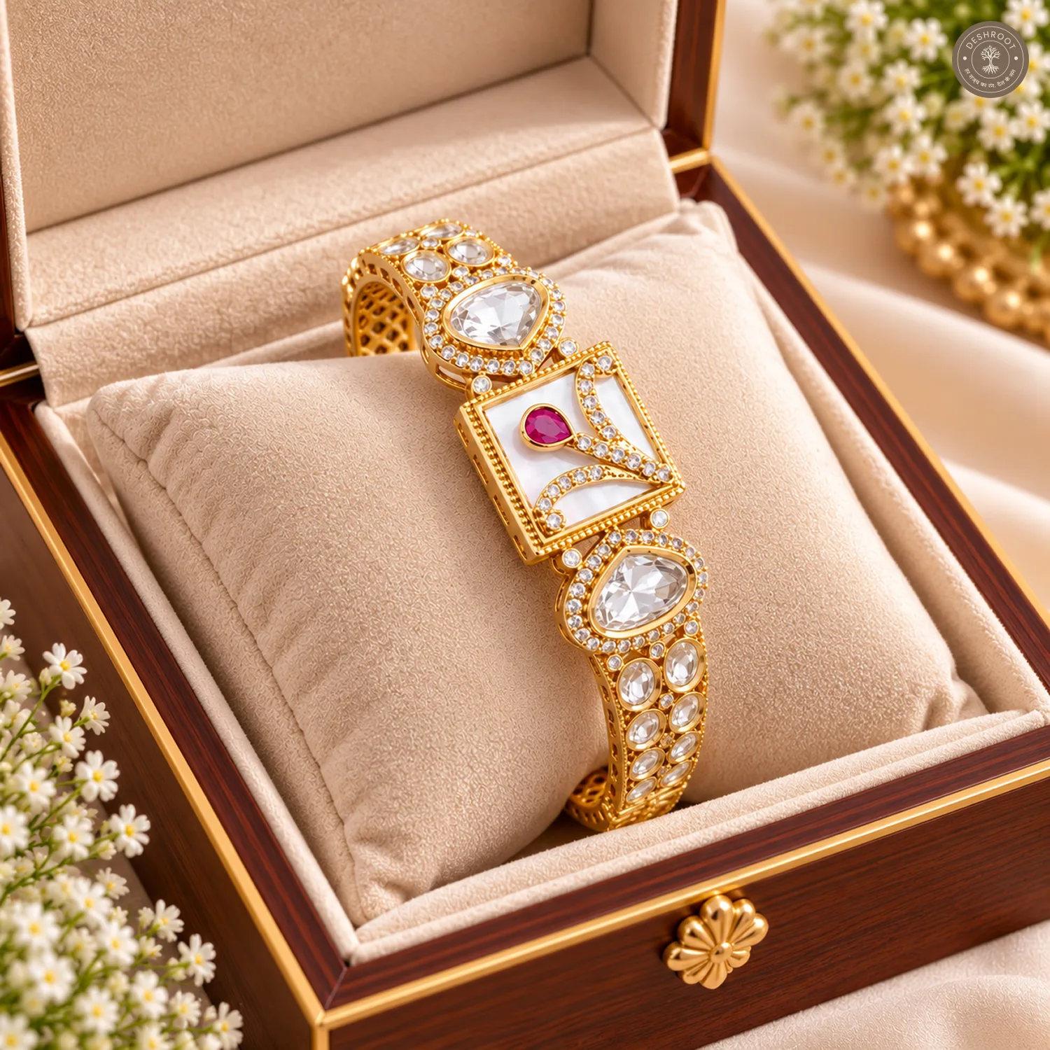 White Square Panel Pink Drop Gold-Tone Kada Bracelet
