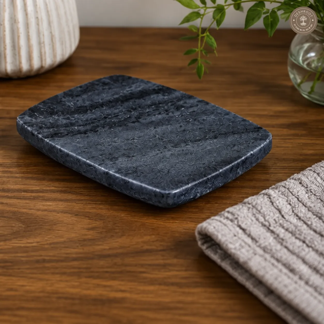 Handcrafted Agra Marble Craft Midnight Slate Marble Soap Dish Tray