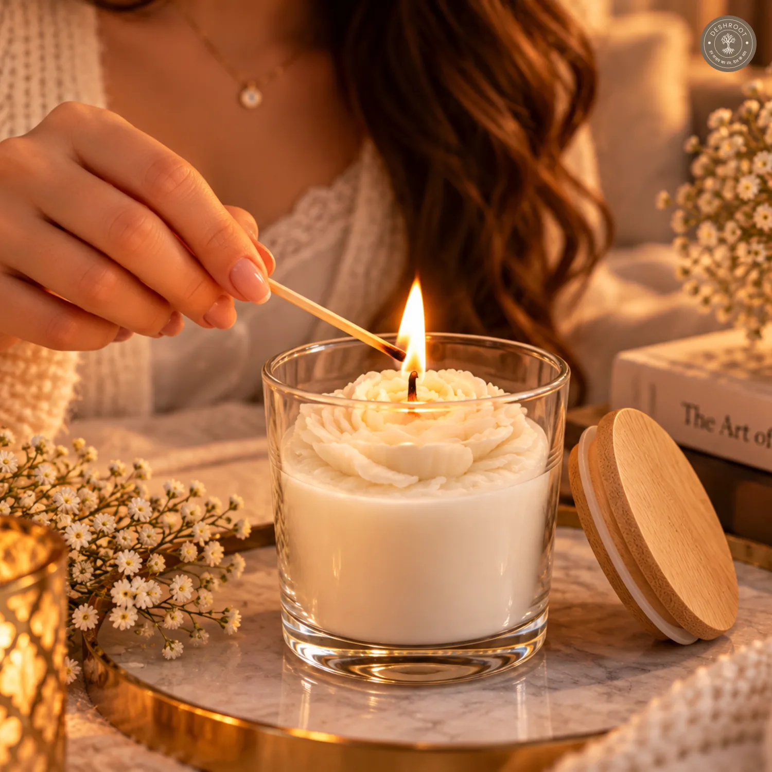 Jasmine Aura Flower Bloom Scented Candle – Soy Wax Blend in Glass Jar - 25 Hours Burn Time