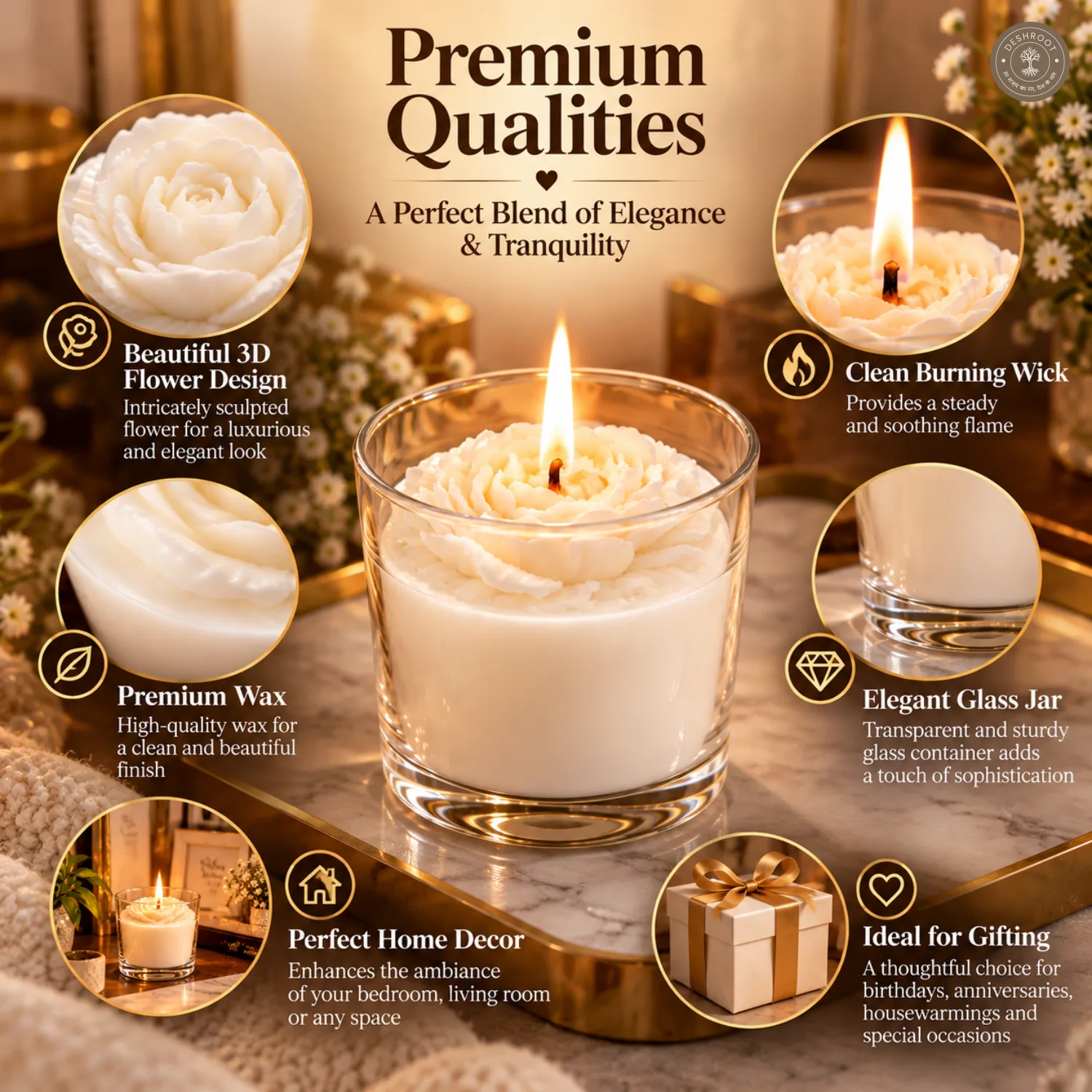 Jasmine Aura Flower Bloom Scented Candle – Soy Wax Blend in Glass Jar - 25 Hours Burn Time