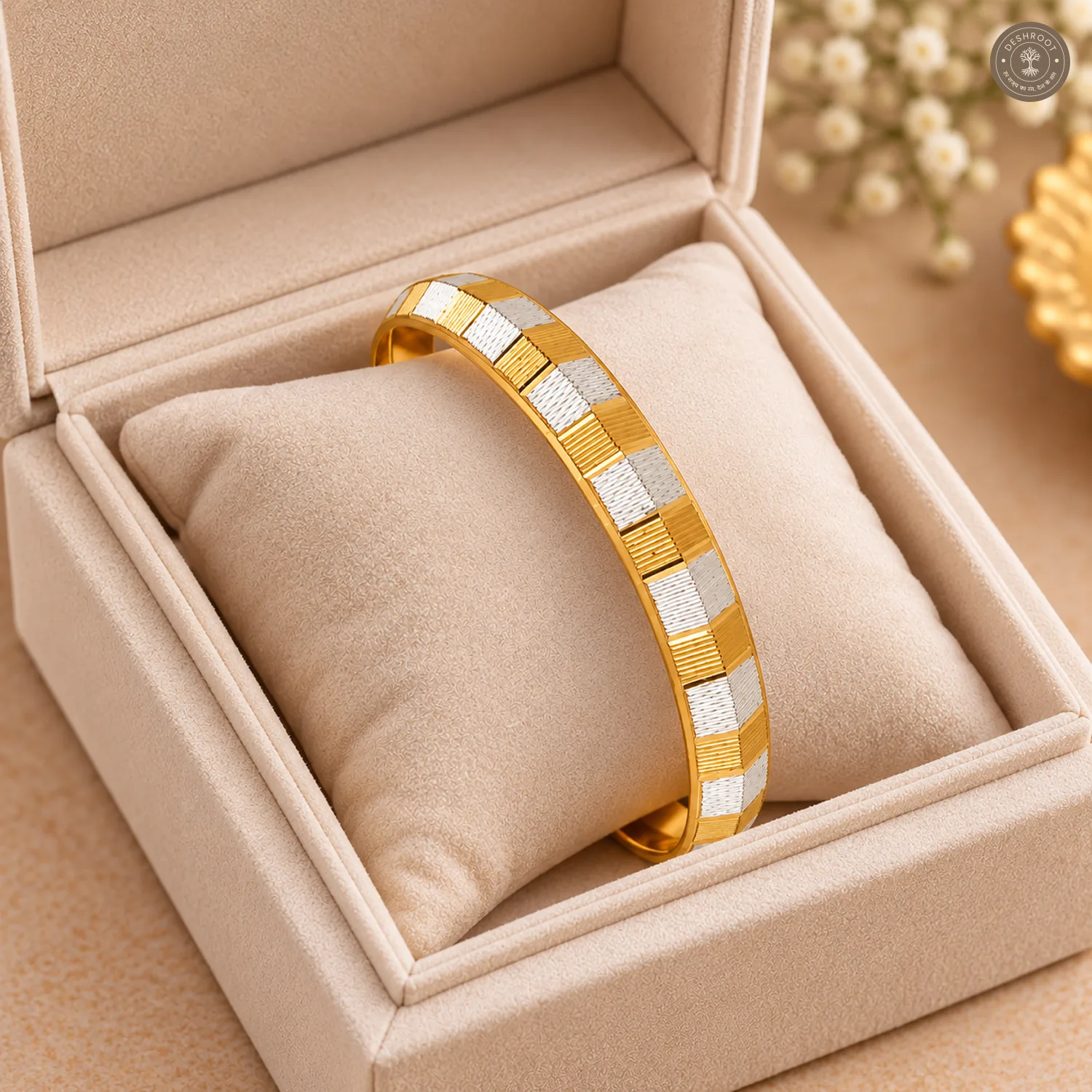 Dual-Tone Checkered Block Slim Bangle
