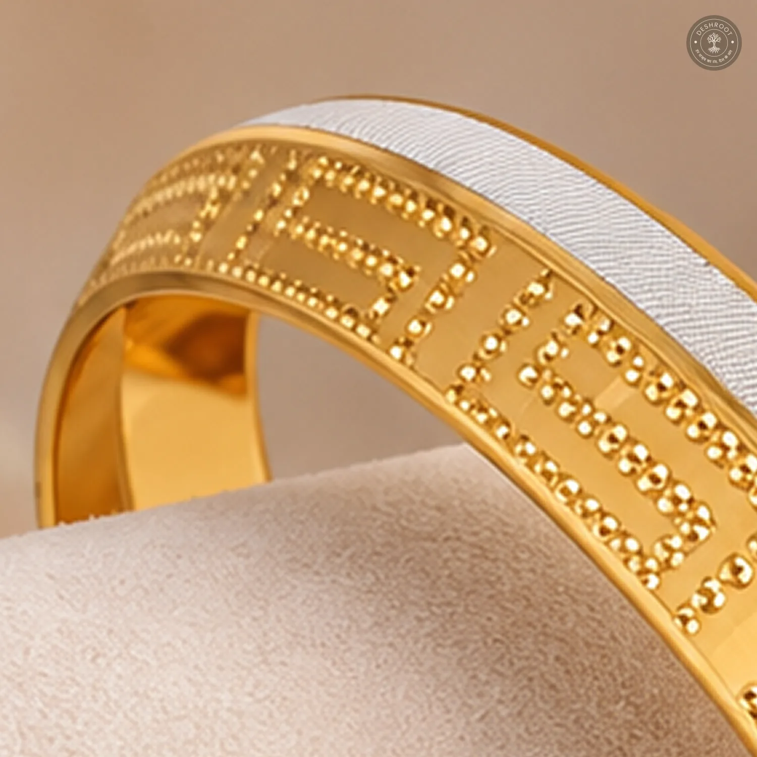 Gold-Tone Beaded Maze Pattern Silver Edge Bangle