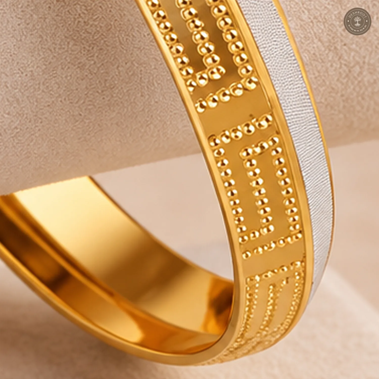 Gold-Tone Beaded Maze Pattern Silver Edge Bangle