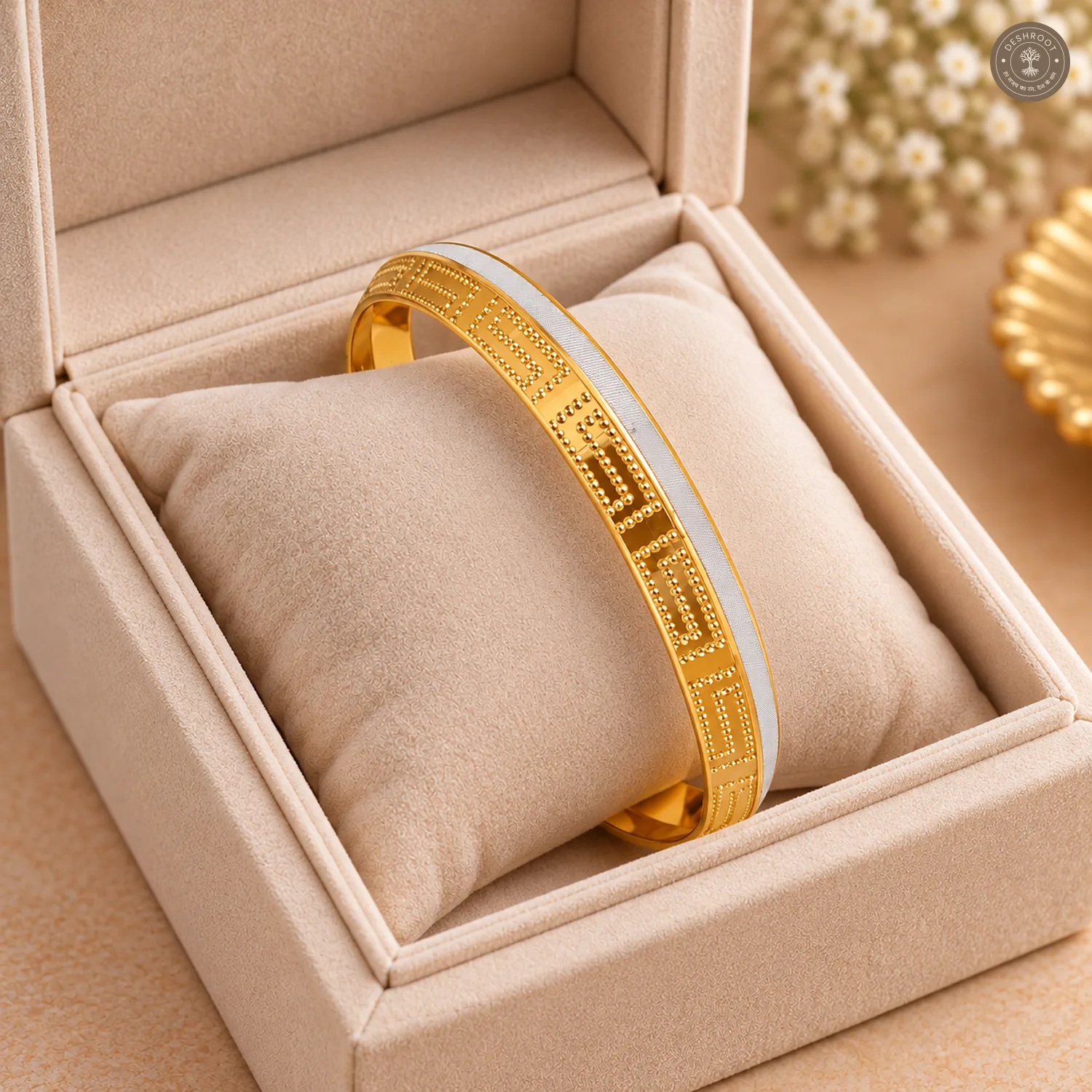 Gold-Tone Beaded Maze Pattern Silver Edge Bangle