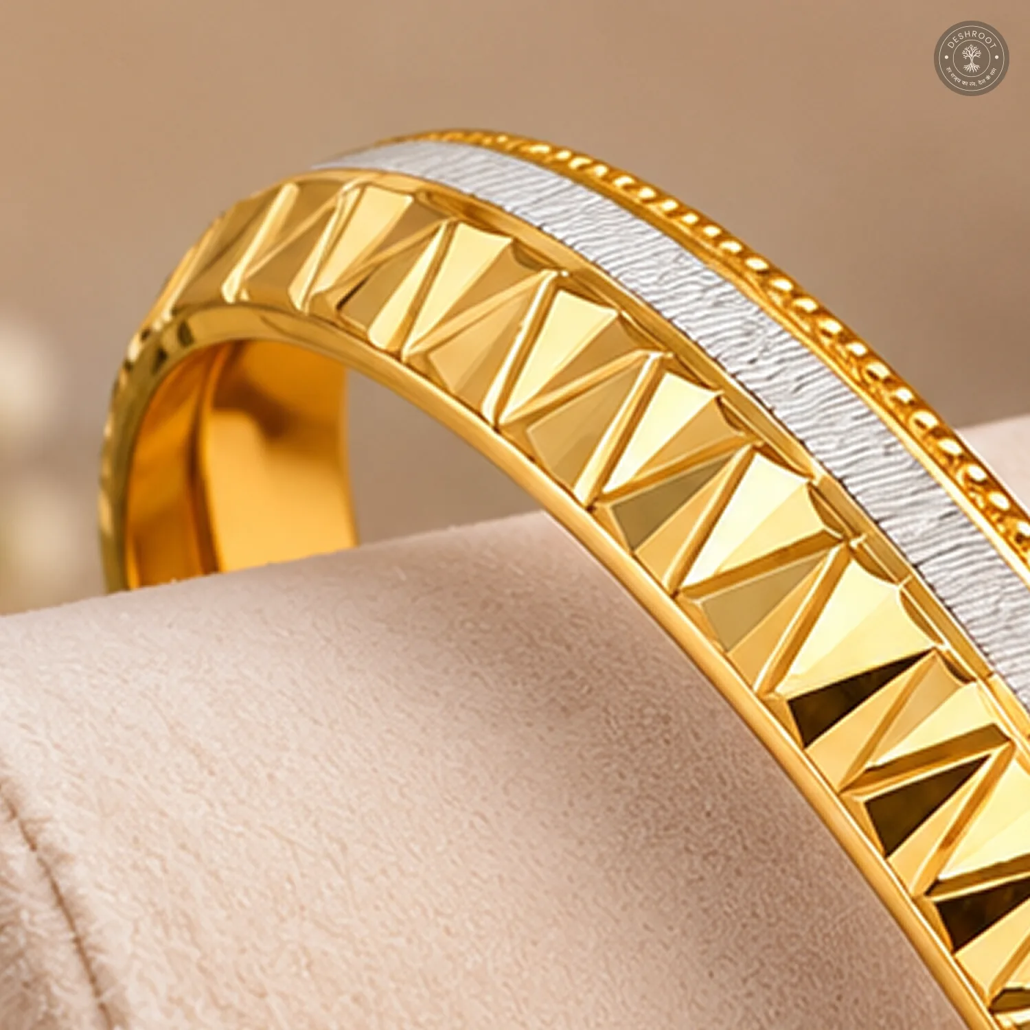 Gold-Tone Zigzag Cut Silver Strip Bangle