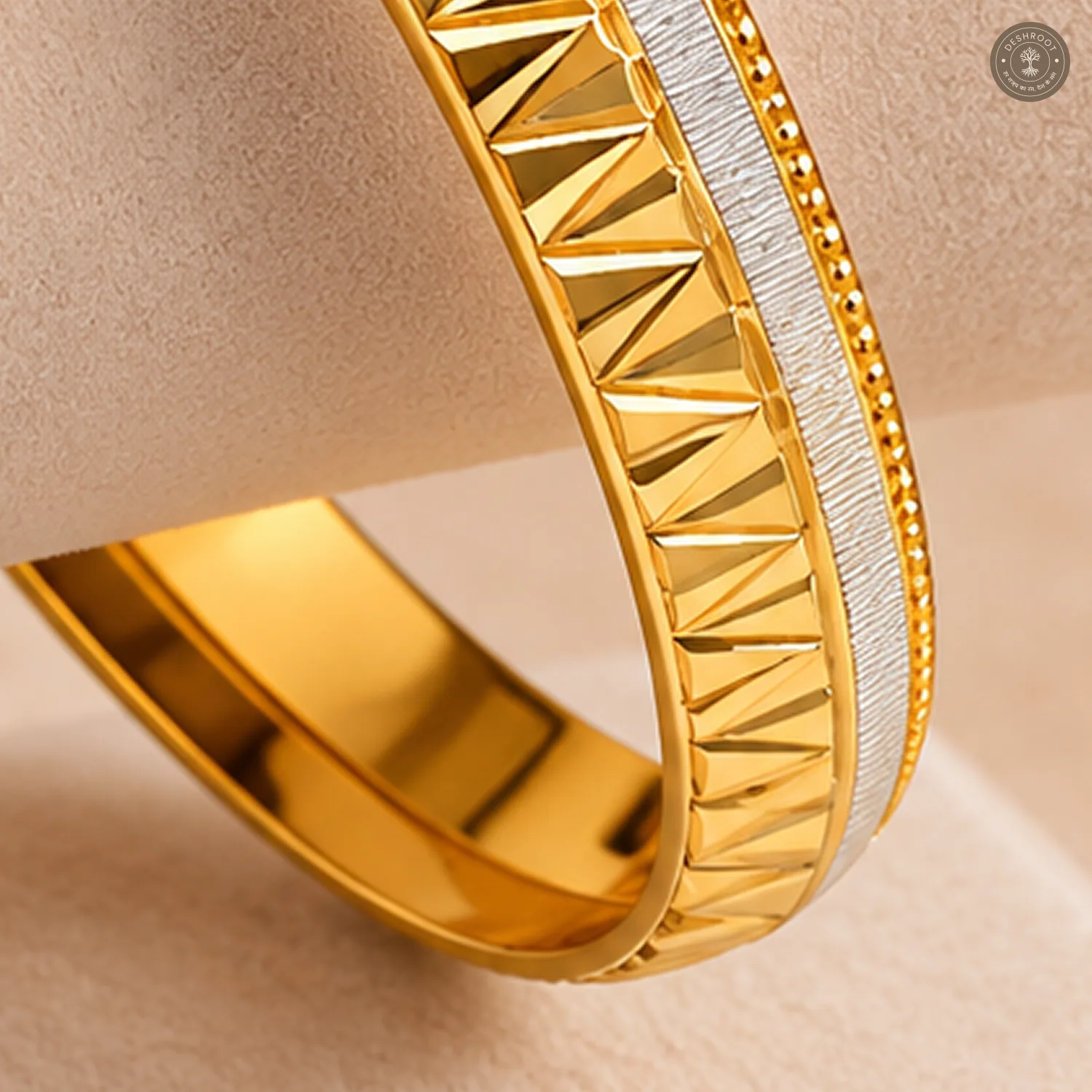Gold-Tone Zigzag Cut Silver Strip Bangle