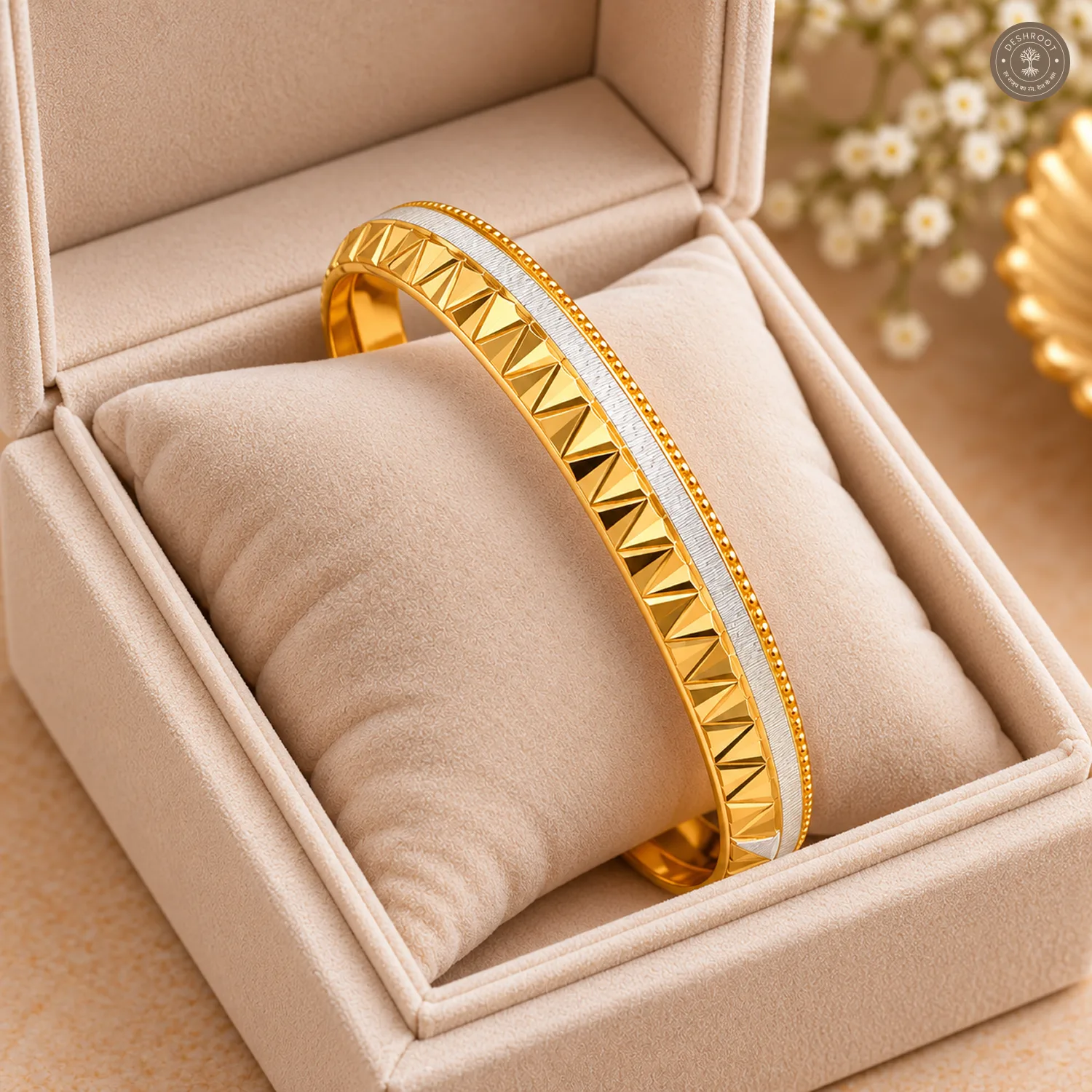 Gold-Tone Zigzag Cut Silver Strip Bangle