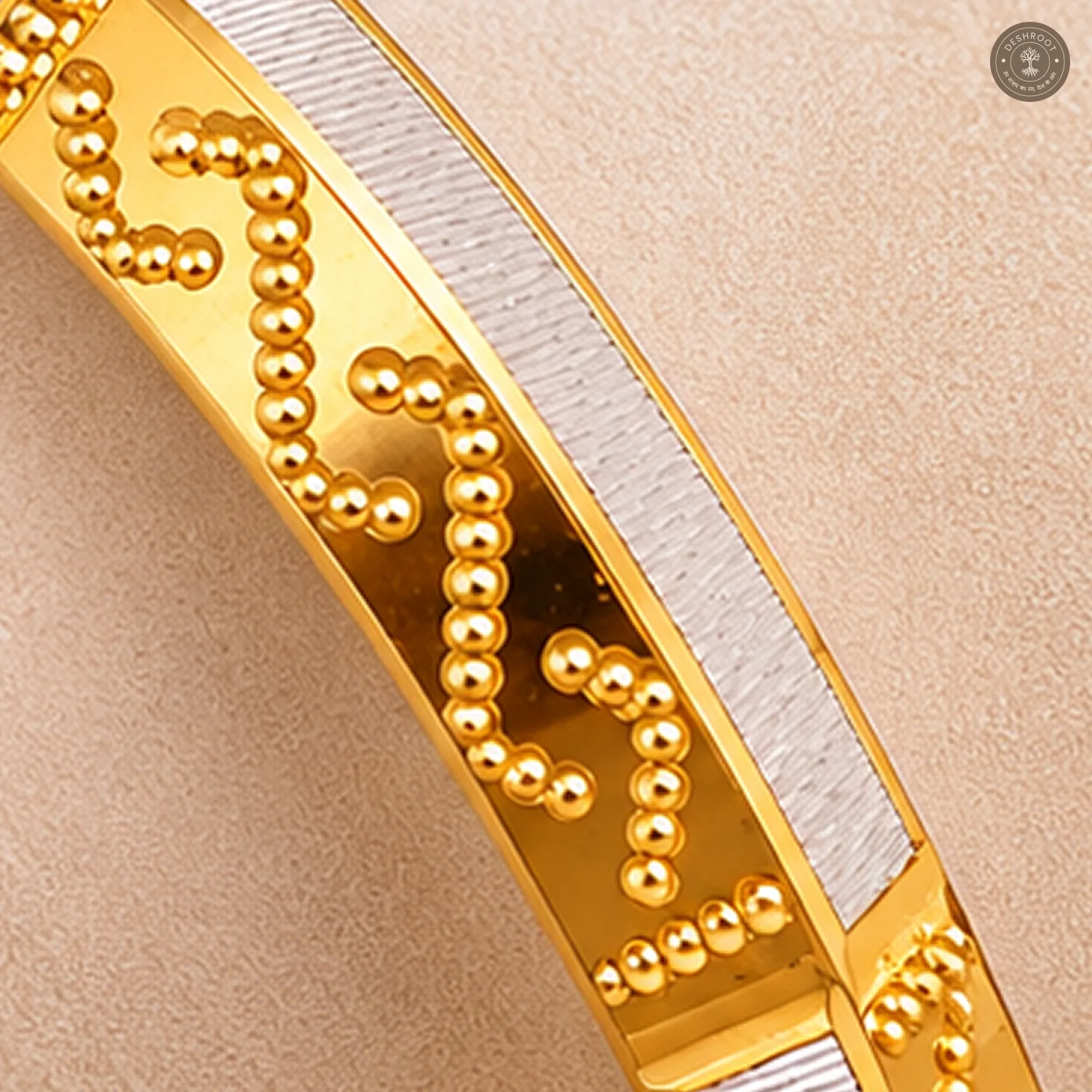Beaded Wave Pattern Silver Panel Gold-Tone Bangle