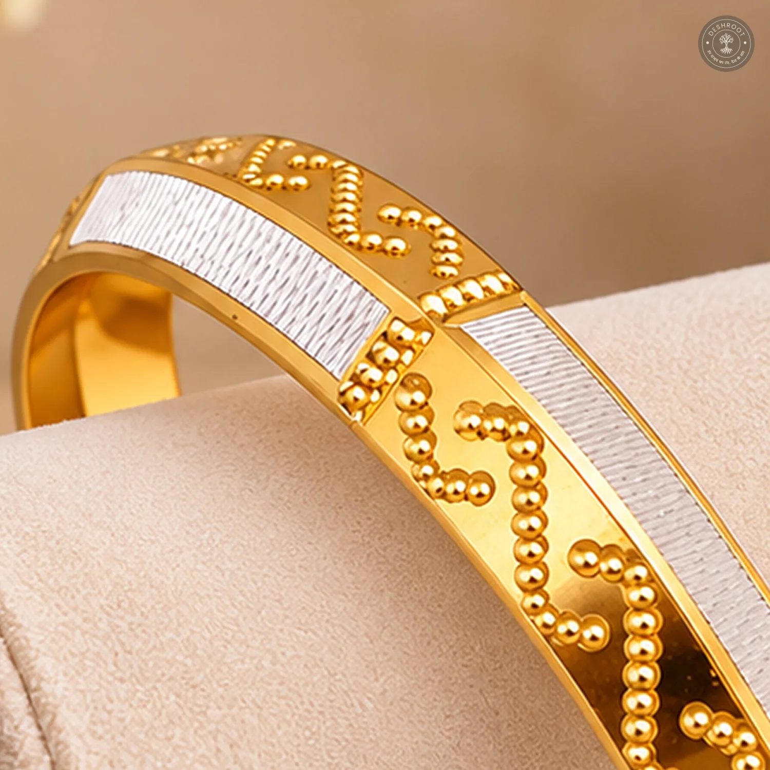 Beaded Wave Pattern Silver Panel Gold-Tone Bangle