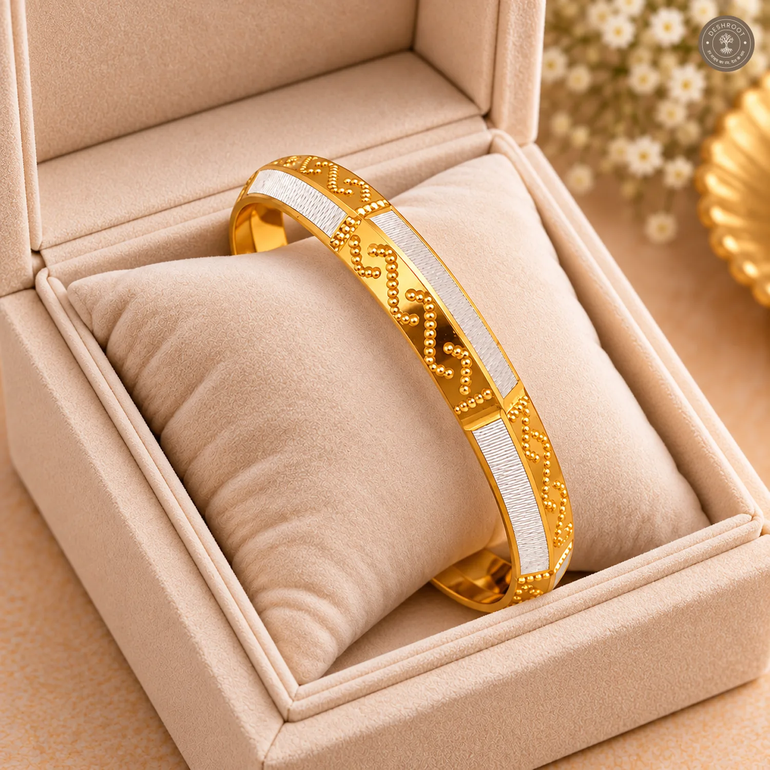 Beaded Wave Pattern Silver Panel Gold-Tone Bangle