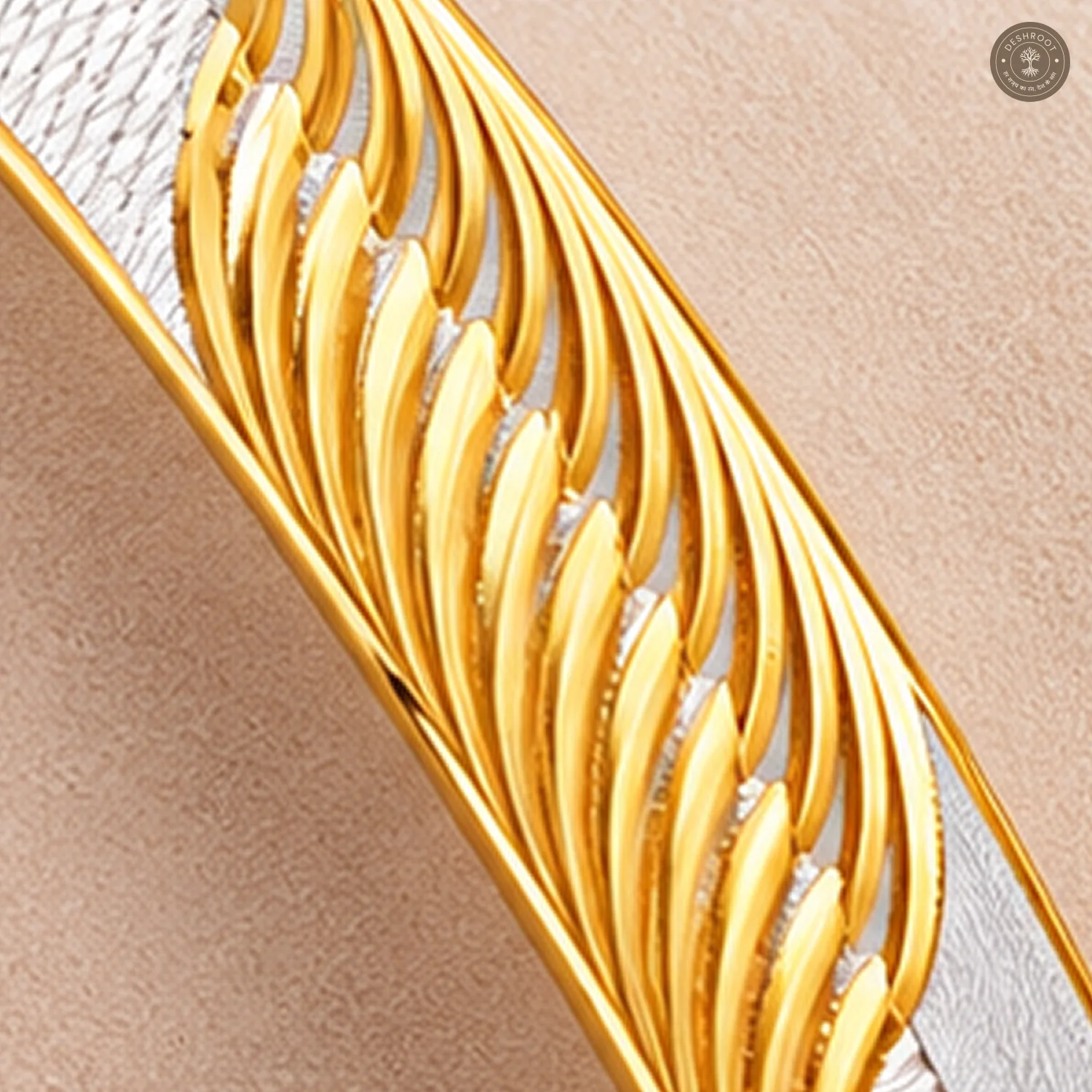Feather Swirl Beaded Maze Silver Panel Gold-Tone Bangle