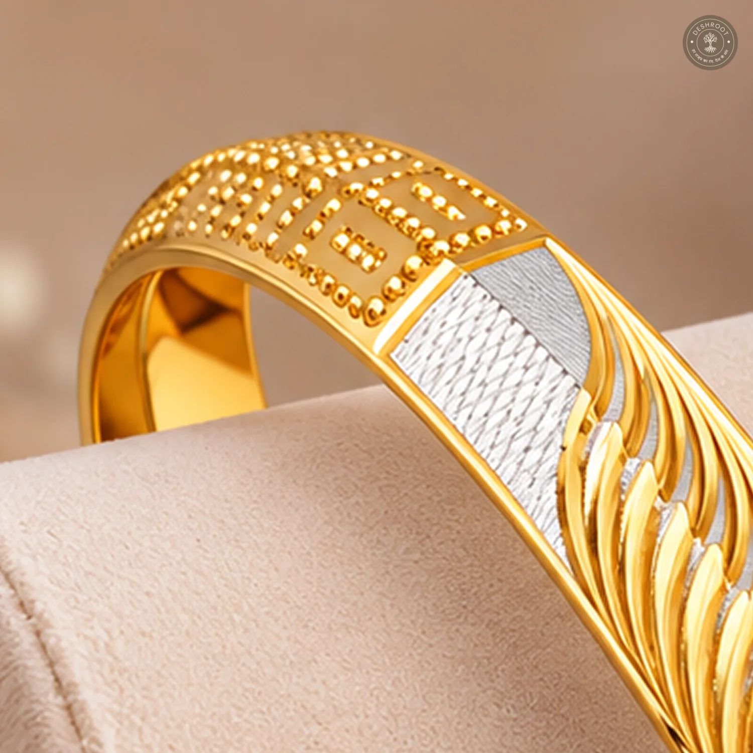 Feather Swirl Beaded Maze Silver Panel Gold-Tone Bangle