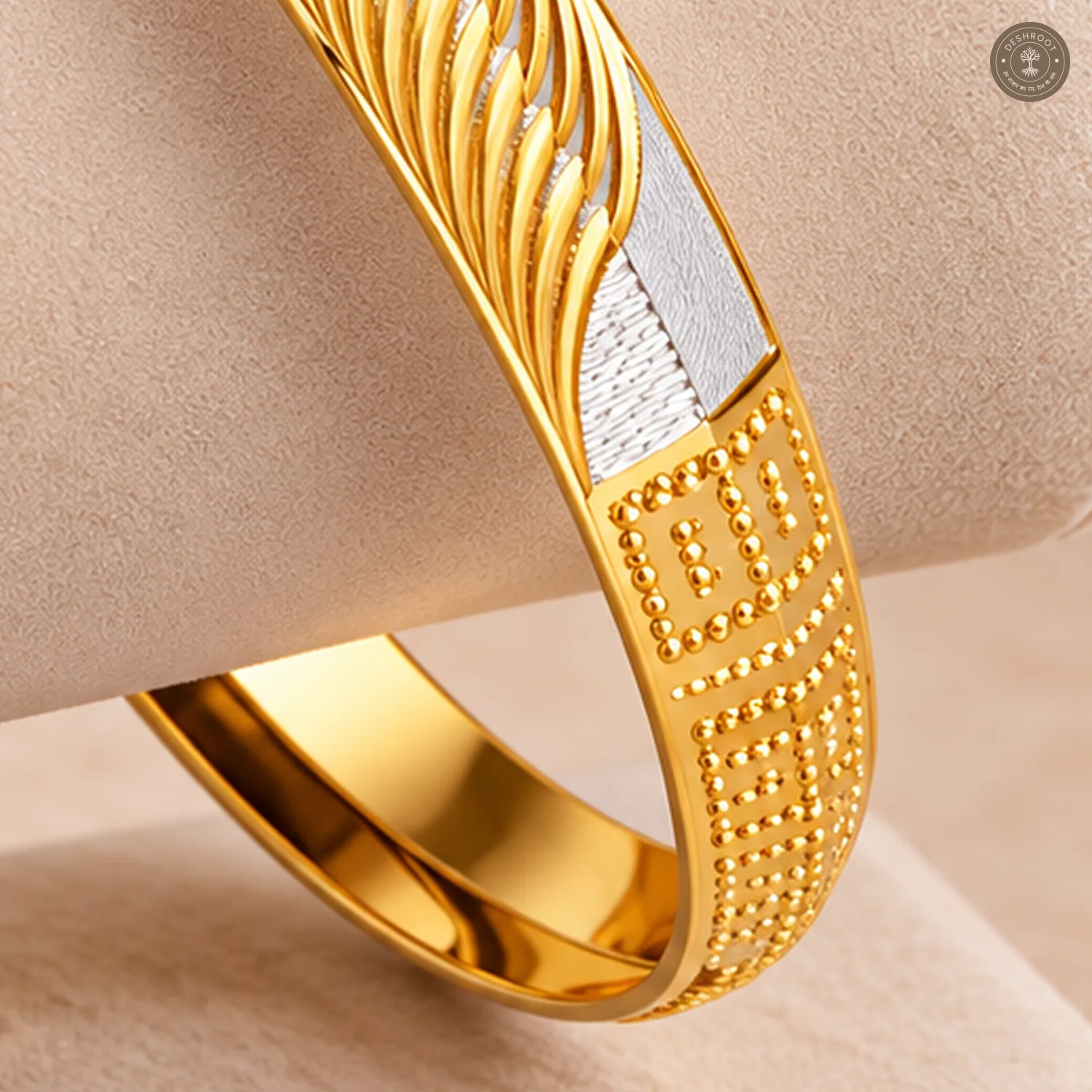 Feather Swirl Beaded Maze Silver Panel Gold-Tone Bangle