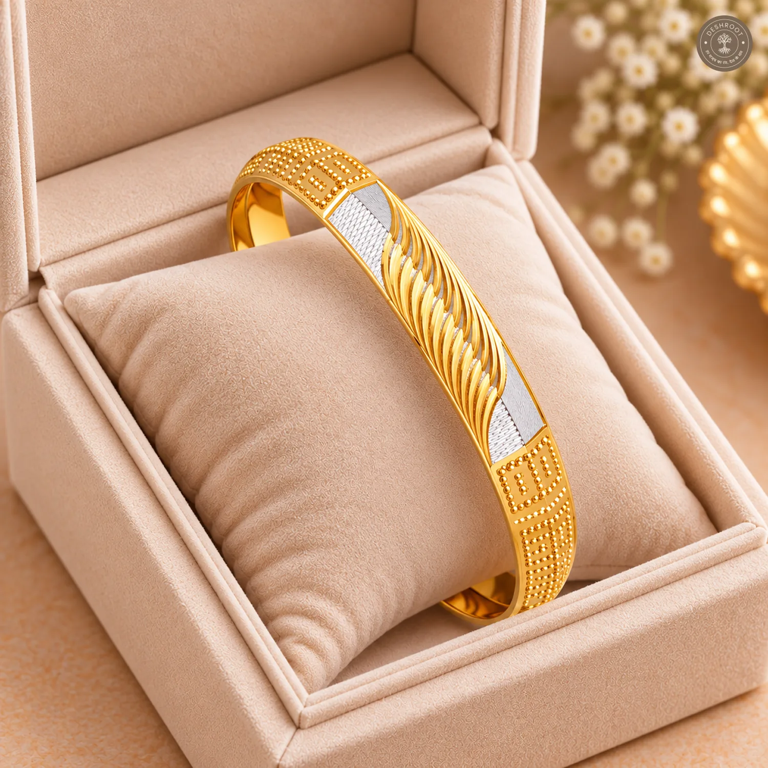 Feather Swirl Beaded Maze Silver Panel Gold-Tone Bangle