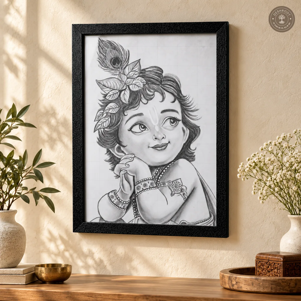 Handmade Little Krishna Pencil Sketch with Wooden Frame