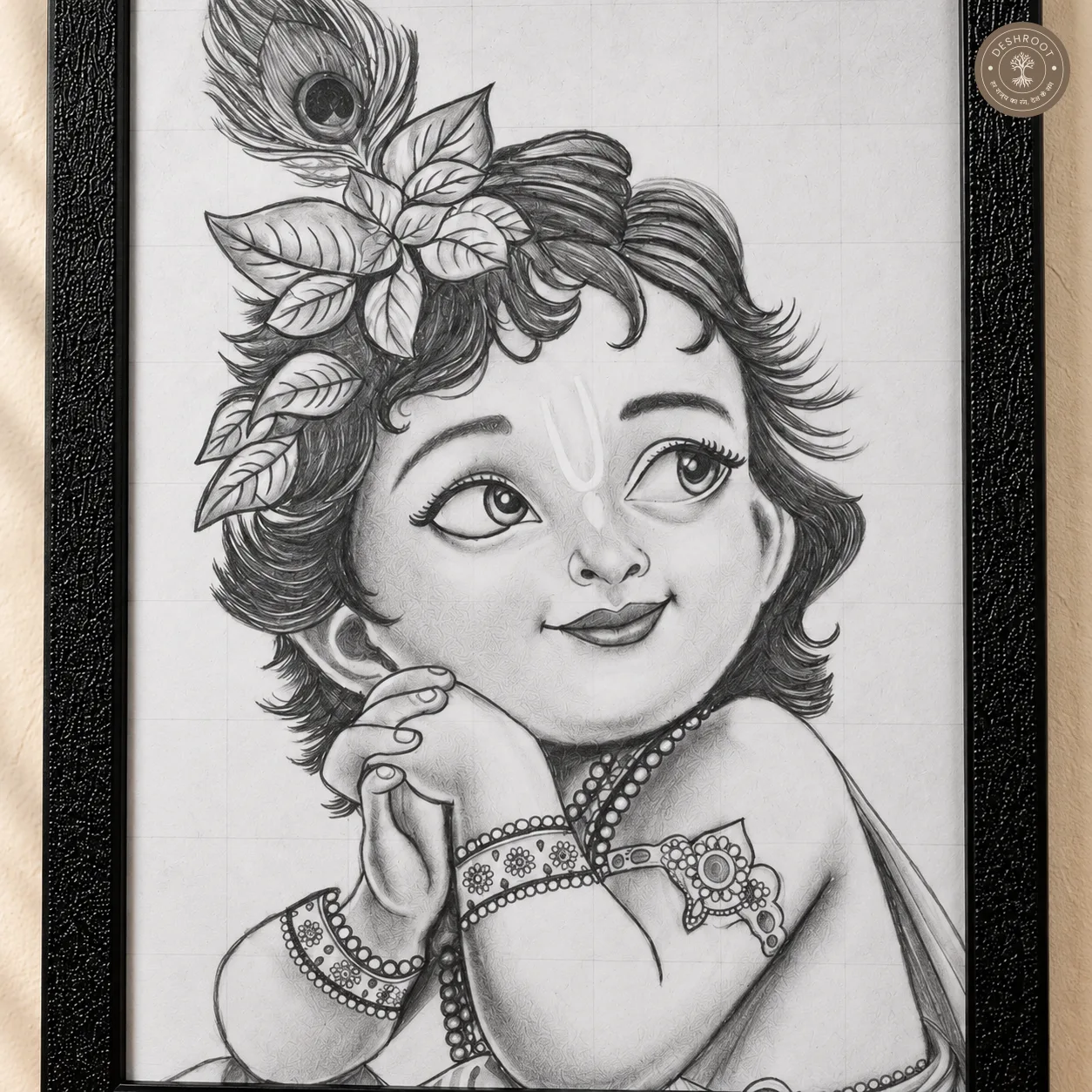 Handmade Little Krishna Pencil Sketch with Wooden Frame