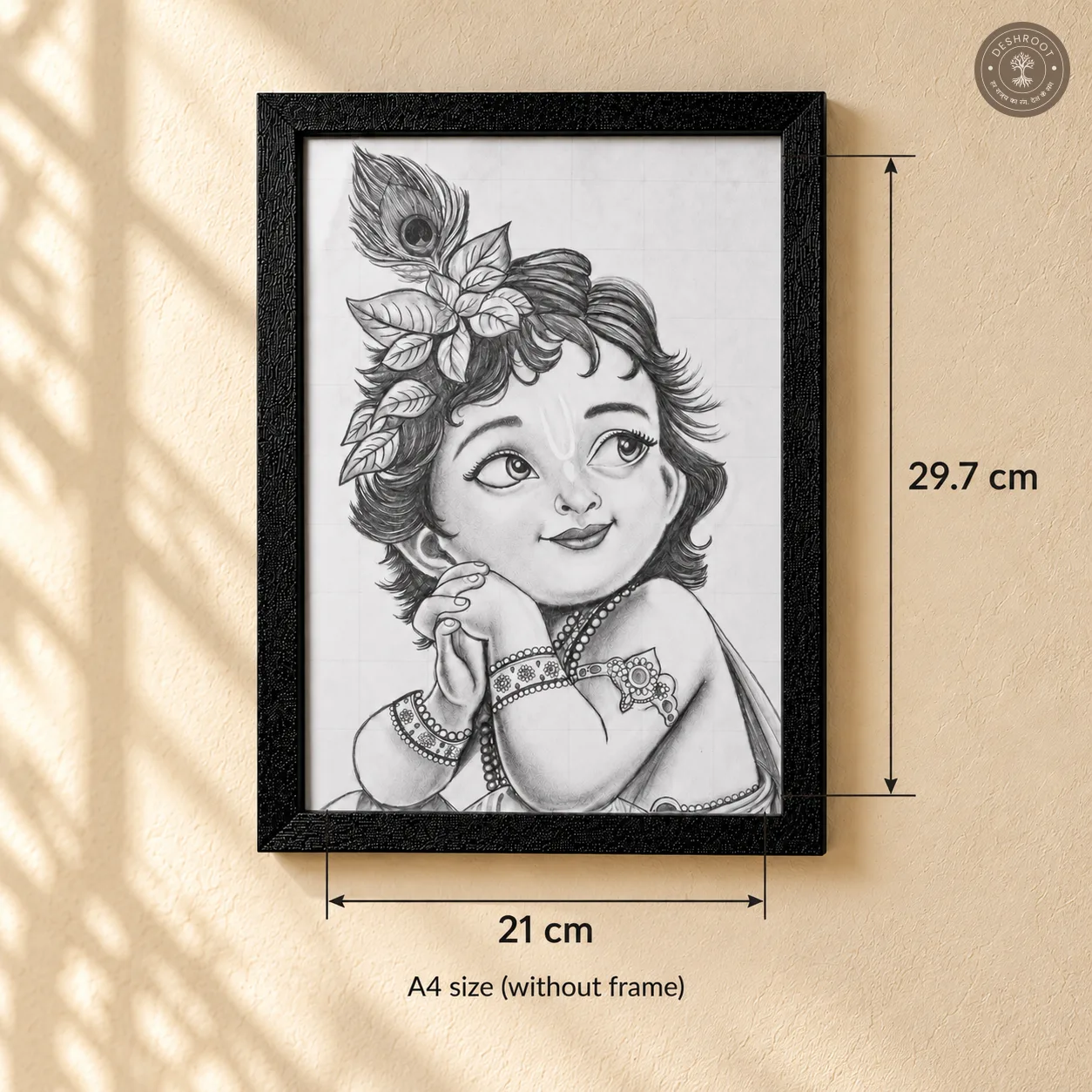 Handmade Little Krishna Pencil Sketch with Wooden Frame