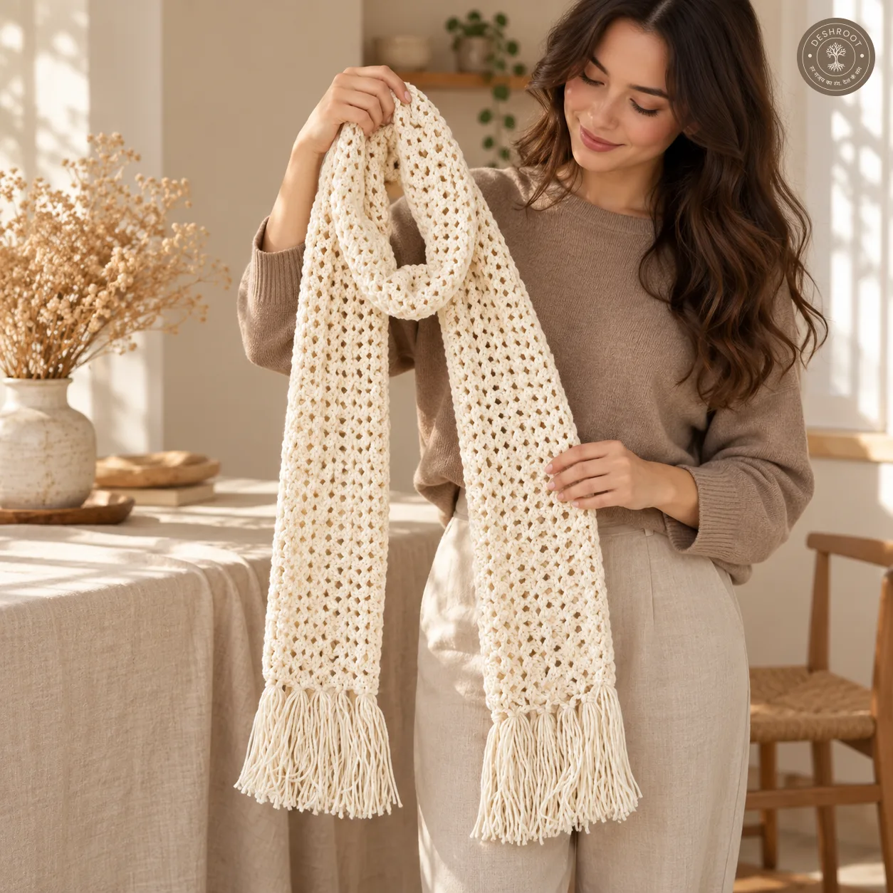 Handcrafted Cream Crochet Scarf for Women