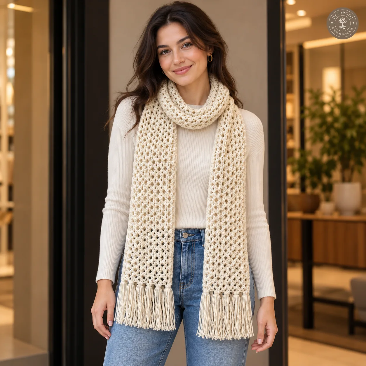 Handcrafted Cream Crochet Scarf for Women