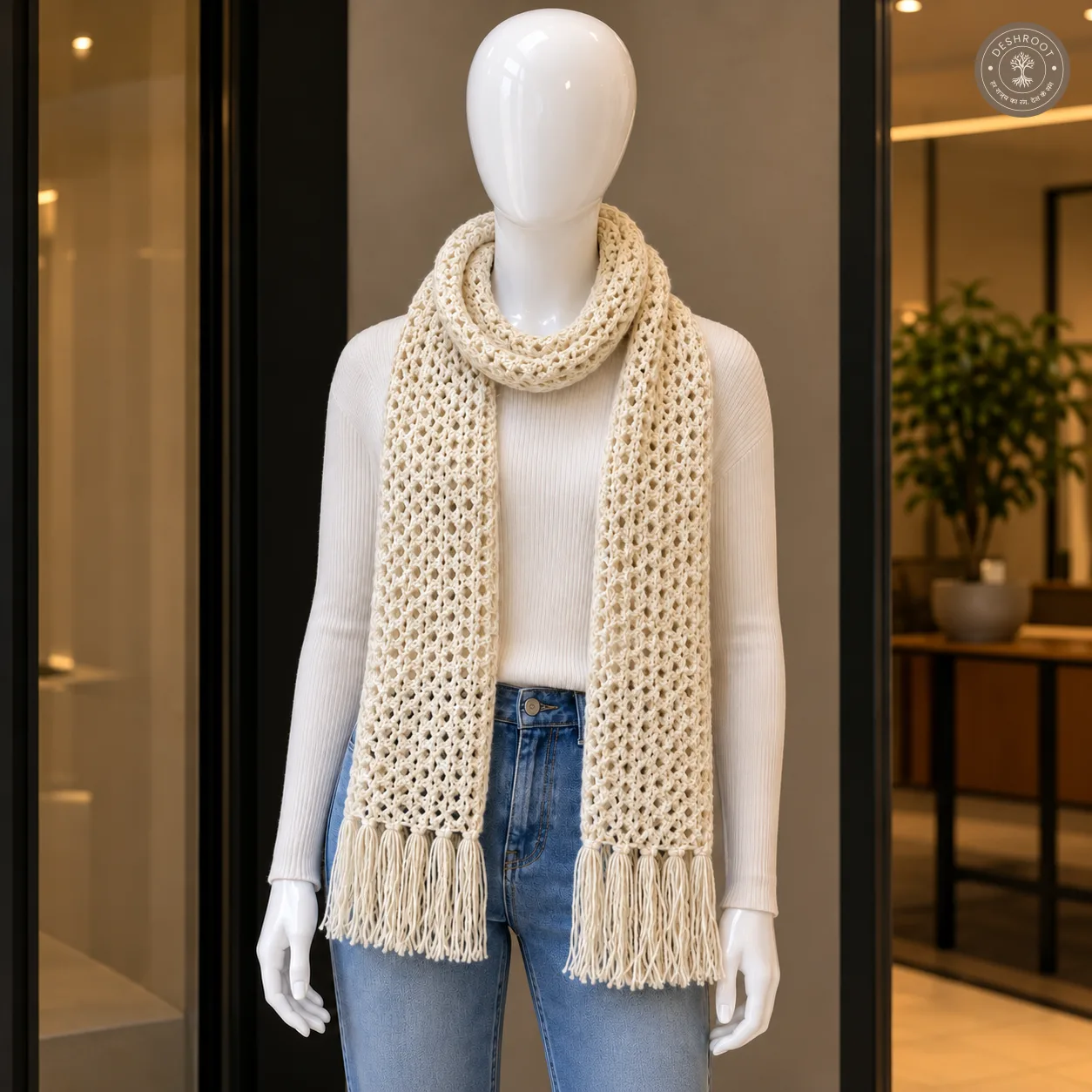 Handcrafted Cream Crochet Scarf for Women