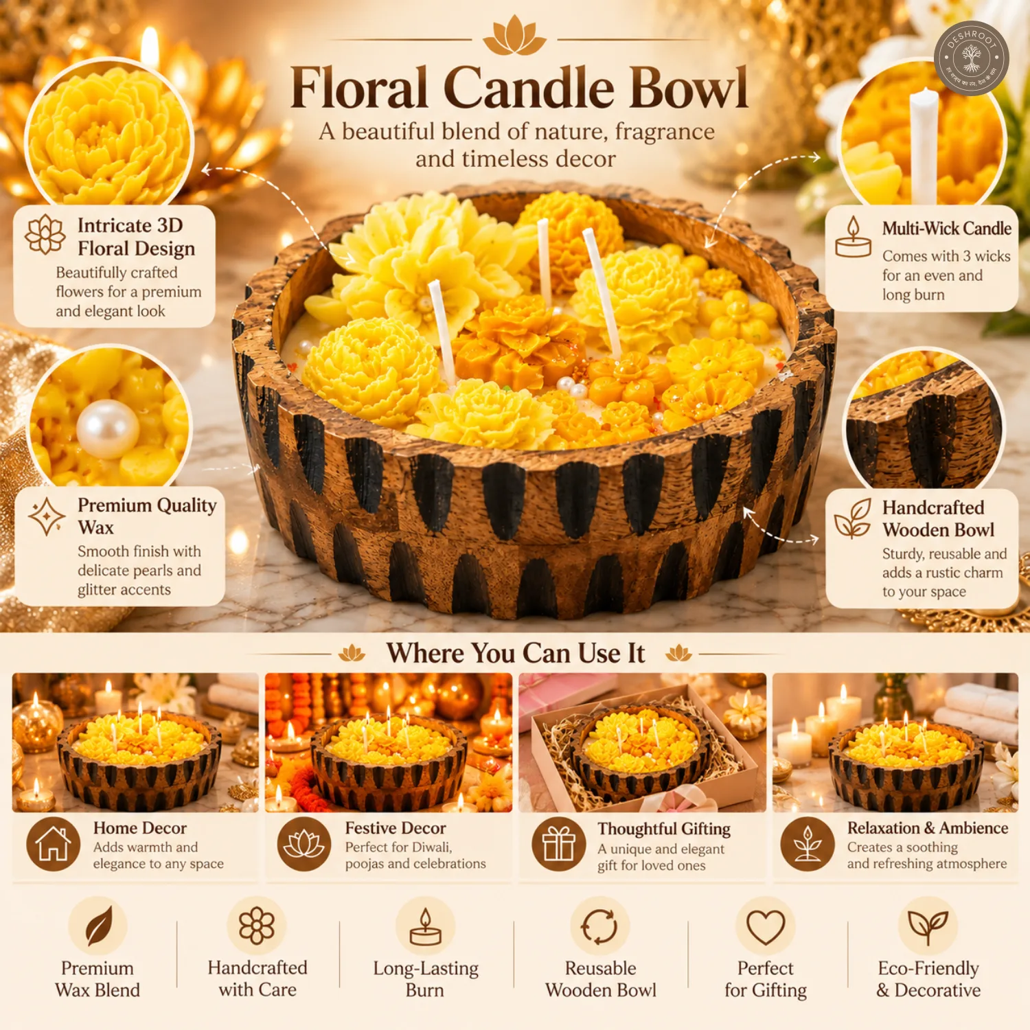 Luxury Yellow Floral Wooden Bowl Scented Candle
