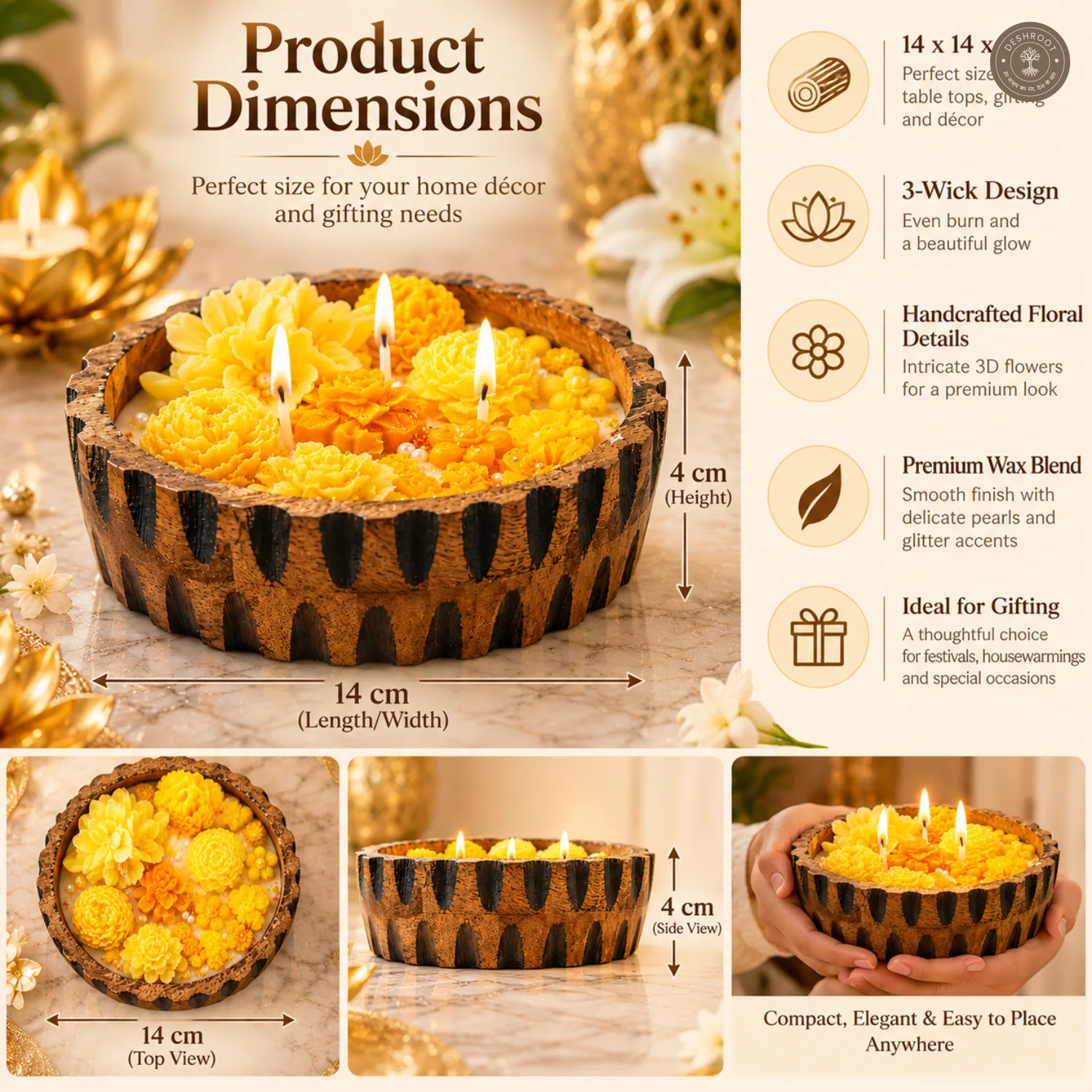 Luxury Yellow Floral Wooden Bowl Scented Candle