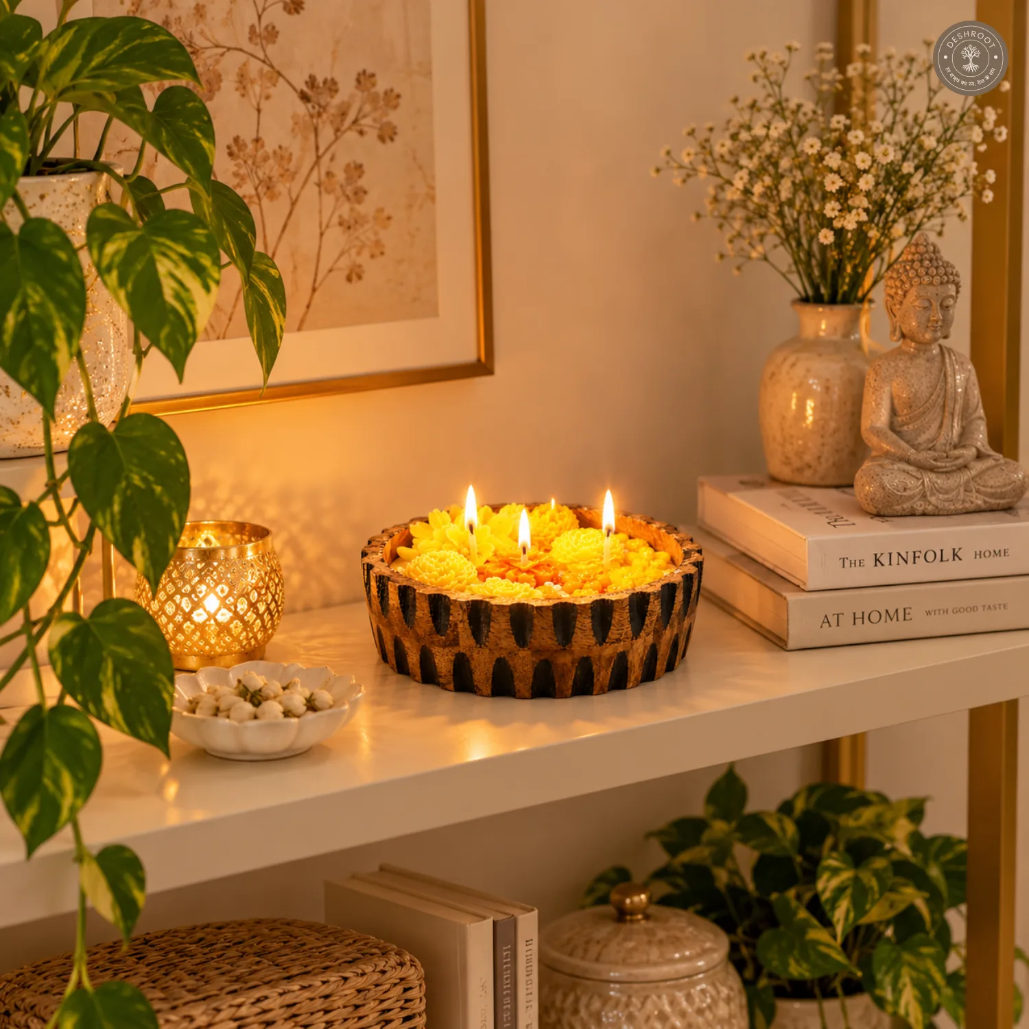 Luxury Yellow Floral Wooden Bowl Scented Candle