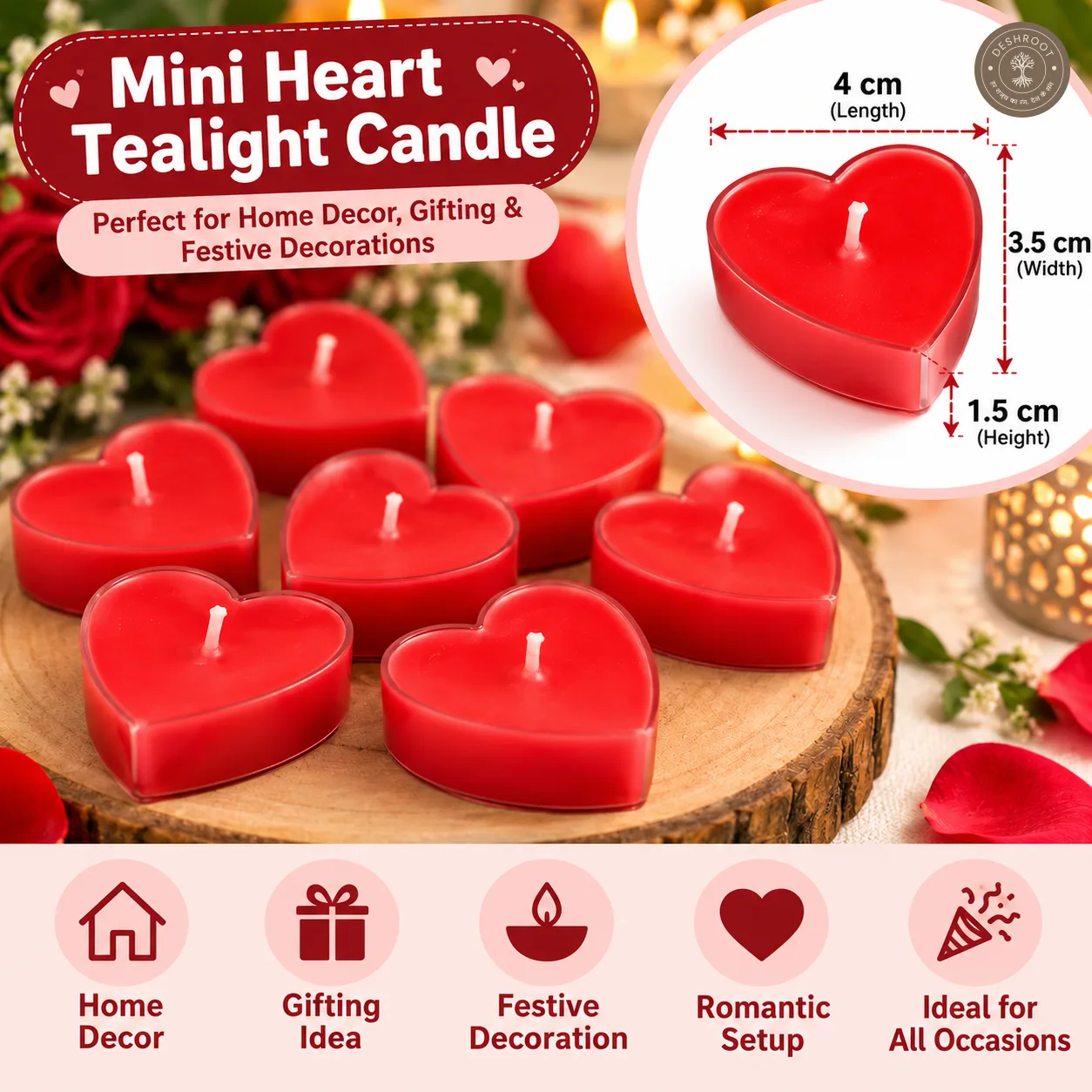 Set Of 4 Mini Heart Tealight Scented Candle for Home Decor, Handmade Decorative Candle & Gift