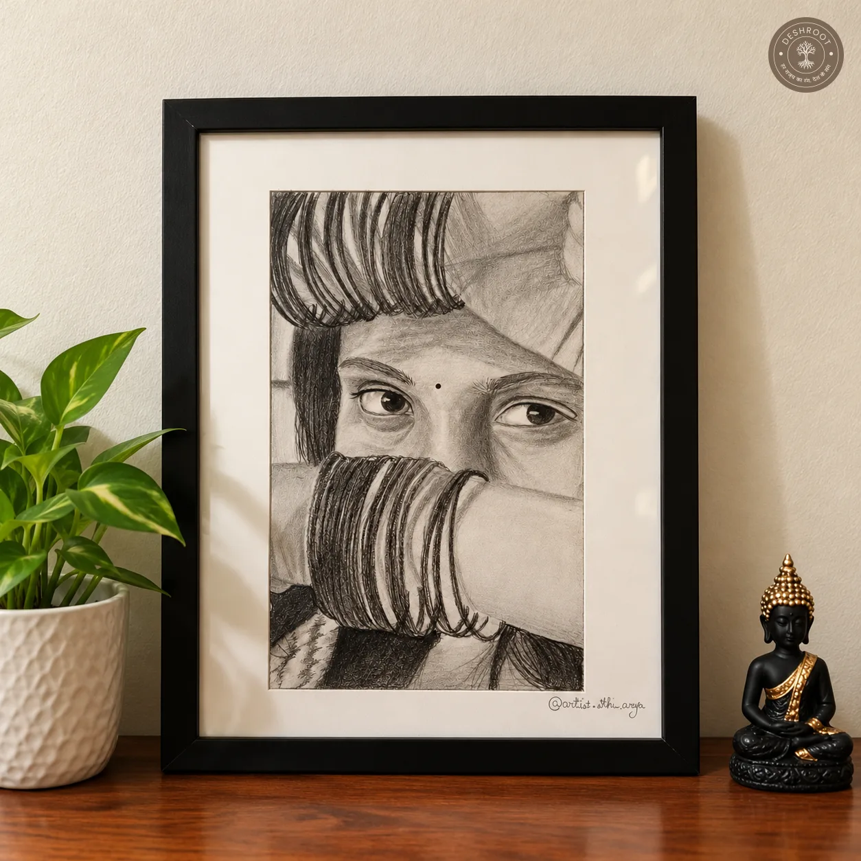 Beauty of Bangles Handmade Pencil Sketch with A4 Black Wooden Frame