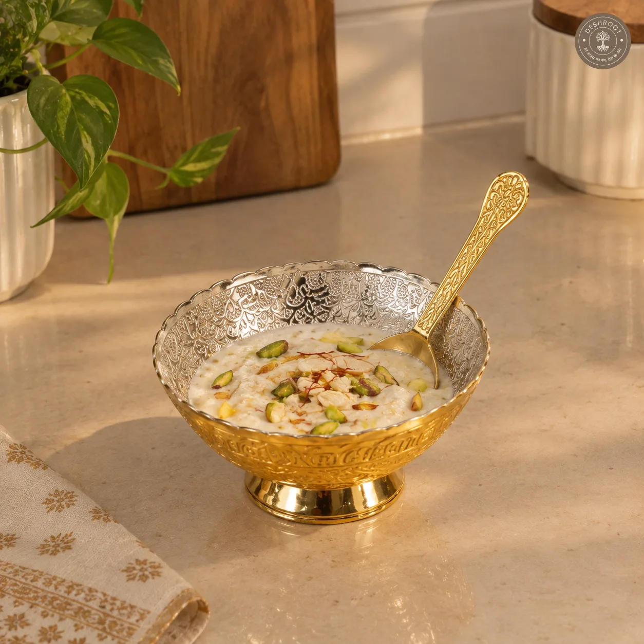 Golden Plated Pooja Serving Tray Set with 4 Bowls & Spoons