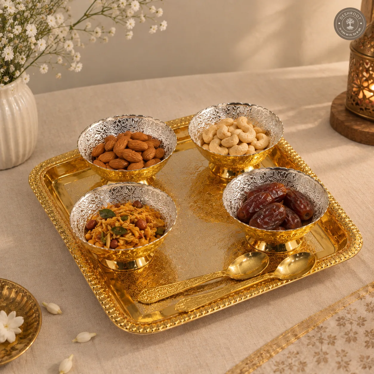Golden Plated Pooja Serving Tray Set with 4 Bowls & Spoons