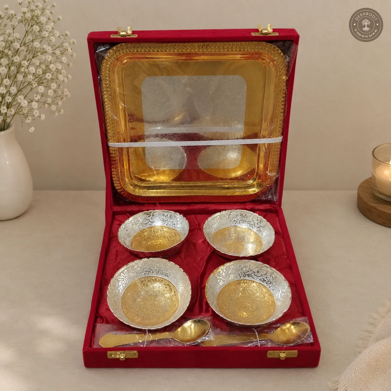 Golden Plated Pooja Serving Tray Set with 4 Bowls & Spoons