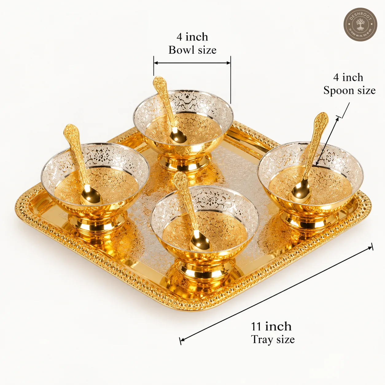 Golden Plated Pooja Serving Tray Set with 4 Bowls & Spoons