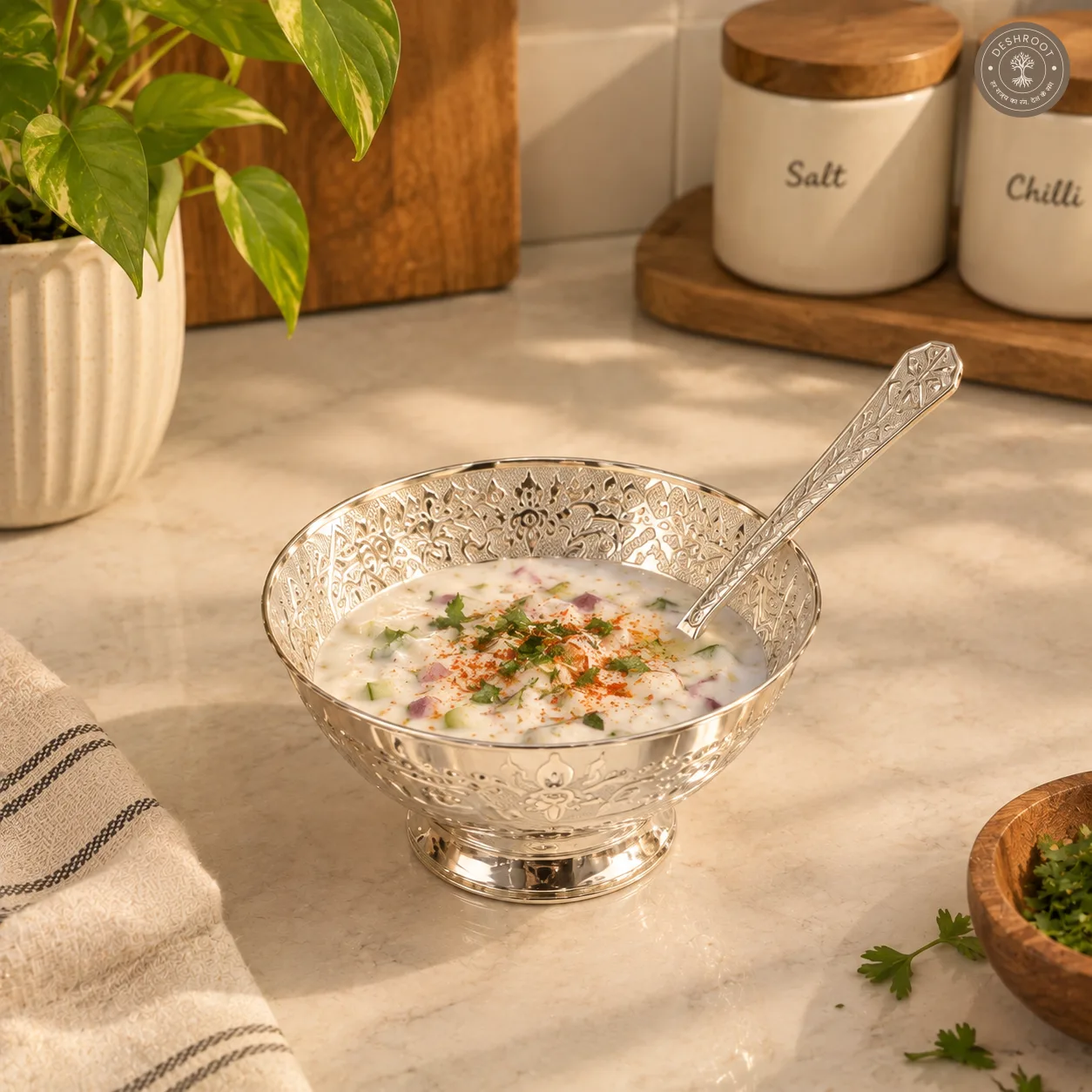 Silver Finish Gifting Tray Set with 4 Bowls and Spoons