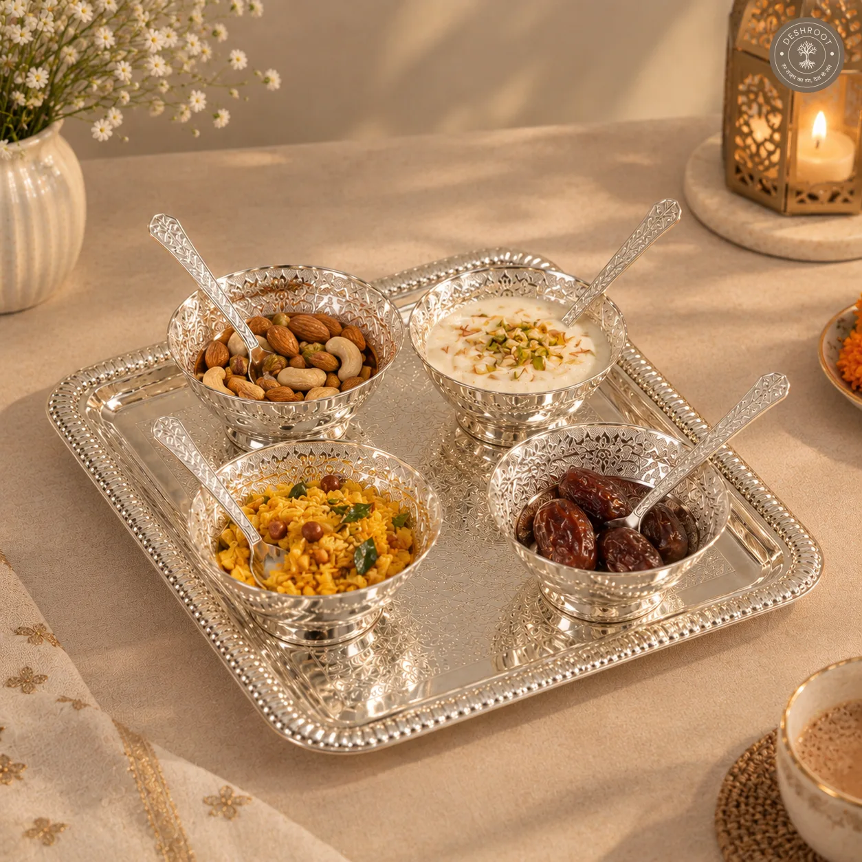 Silver Finish Gifting Tray Set with 4 Bowls and Spoons