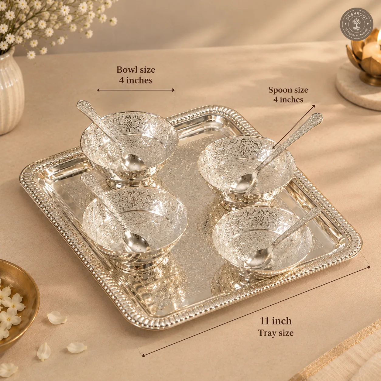 Silver Finish Gifting Tray Set with 4 Bowls and Spoons