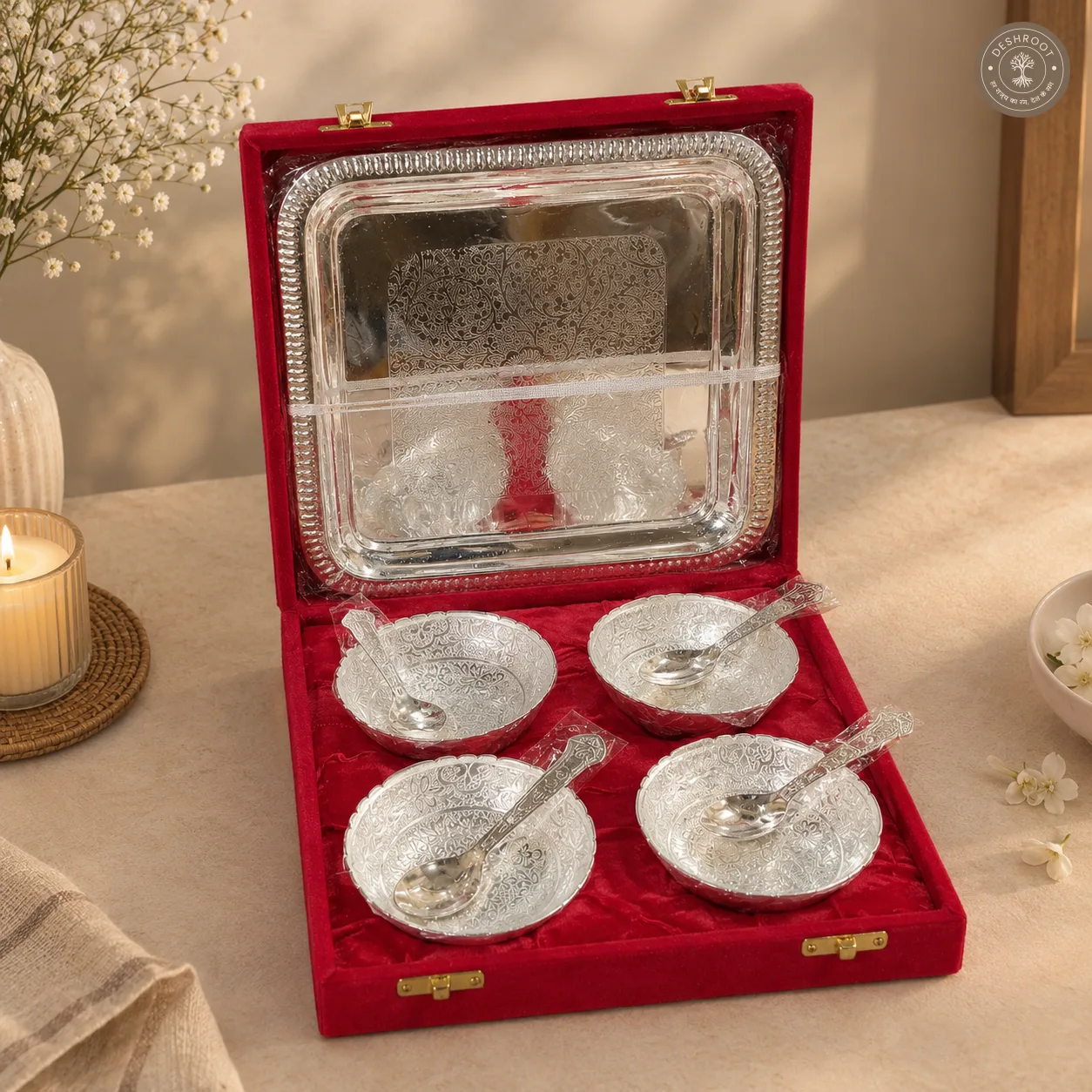 Silver Finish Gifting Tray Set with 4 Bowls and Spoons
