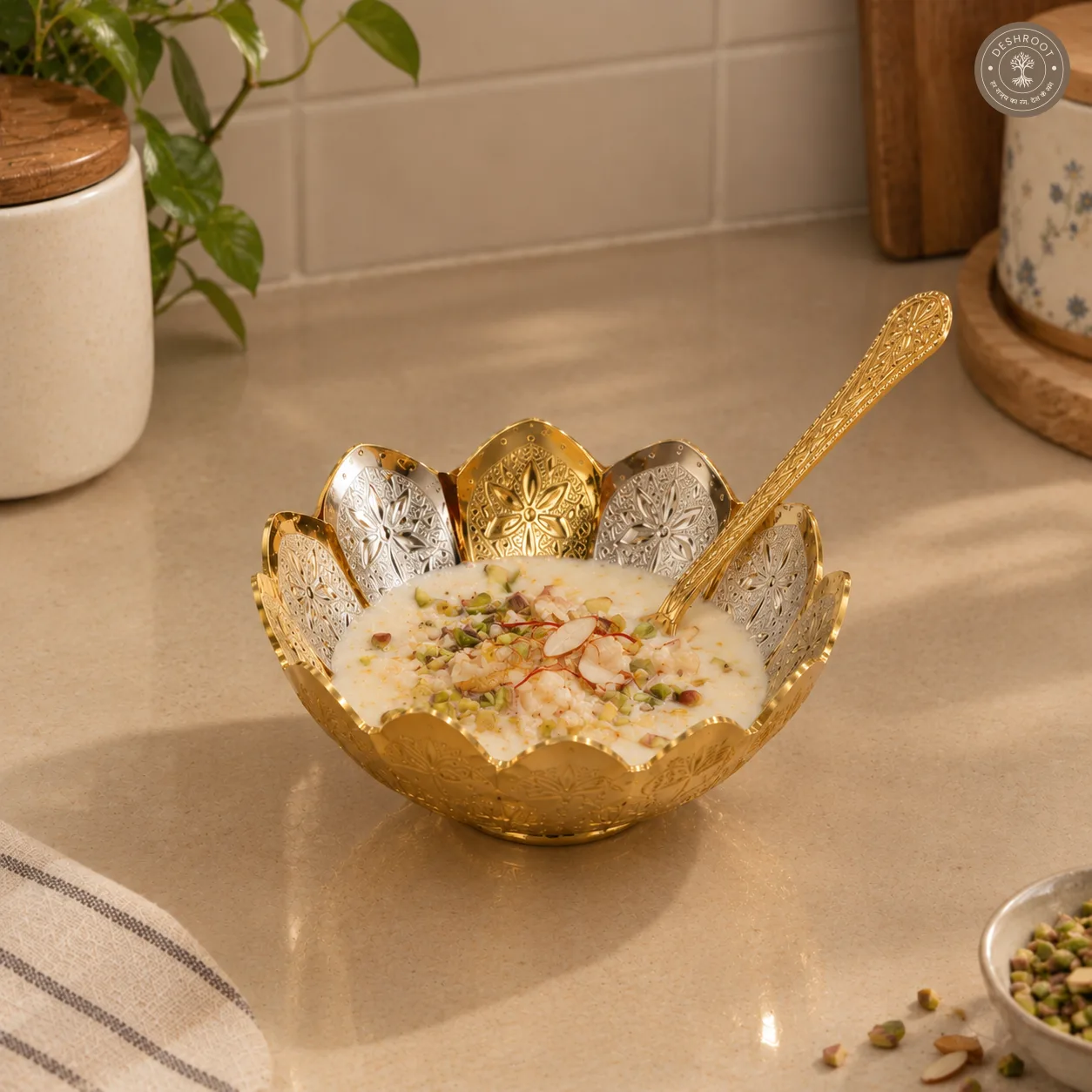 Golden Kamal Bowl Gift Set with Tray and Spoons