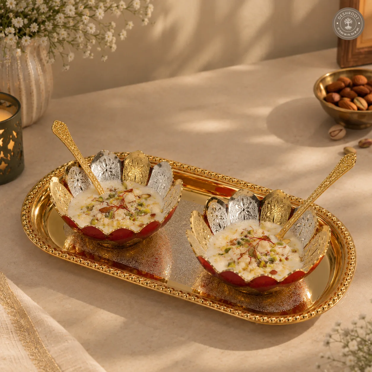 Golden Kamal Bowl Gift Set with Tray and Spoons