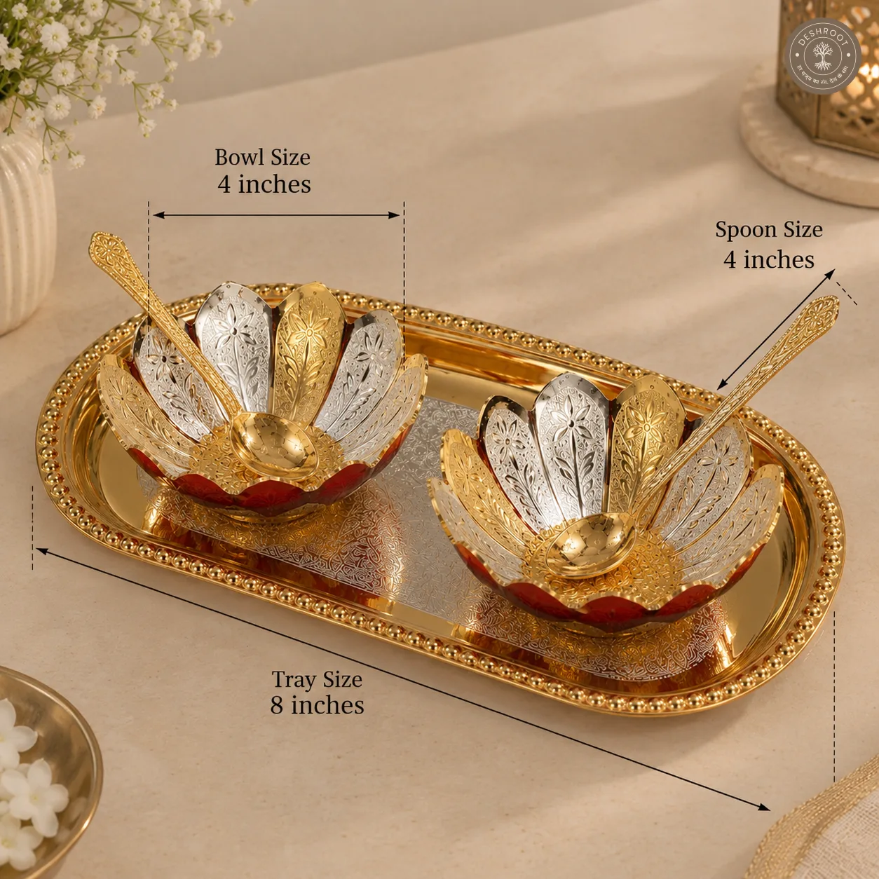Golden Kamal Bowl Gift Set with Tray and Spoons