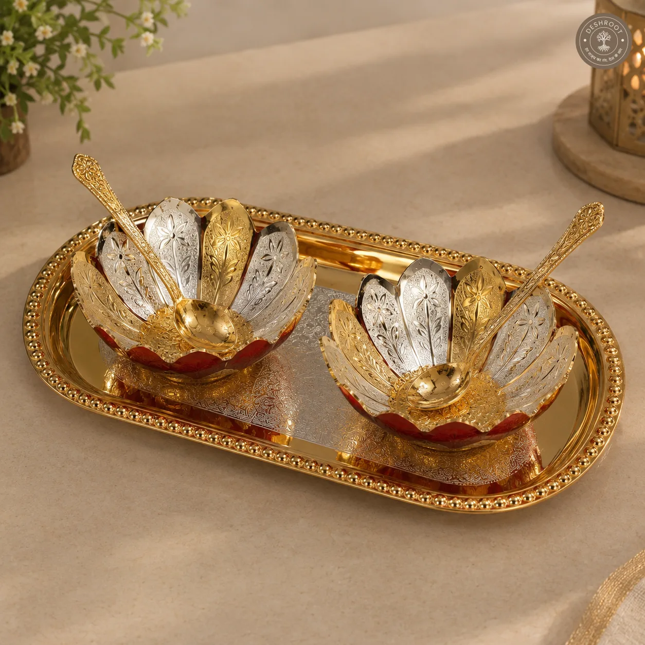 Golden Kamal Bowl Gift Set with Tray and Spoons