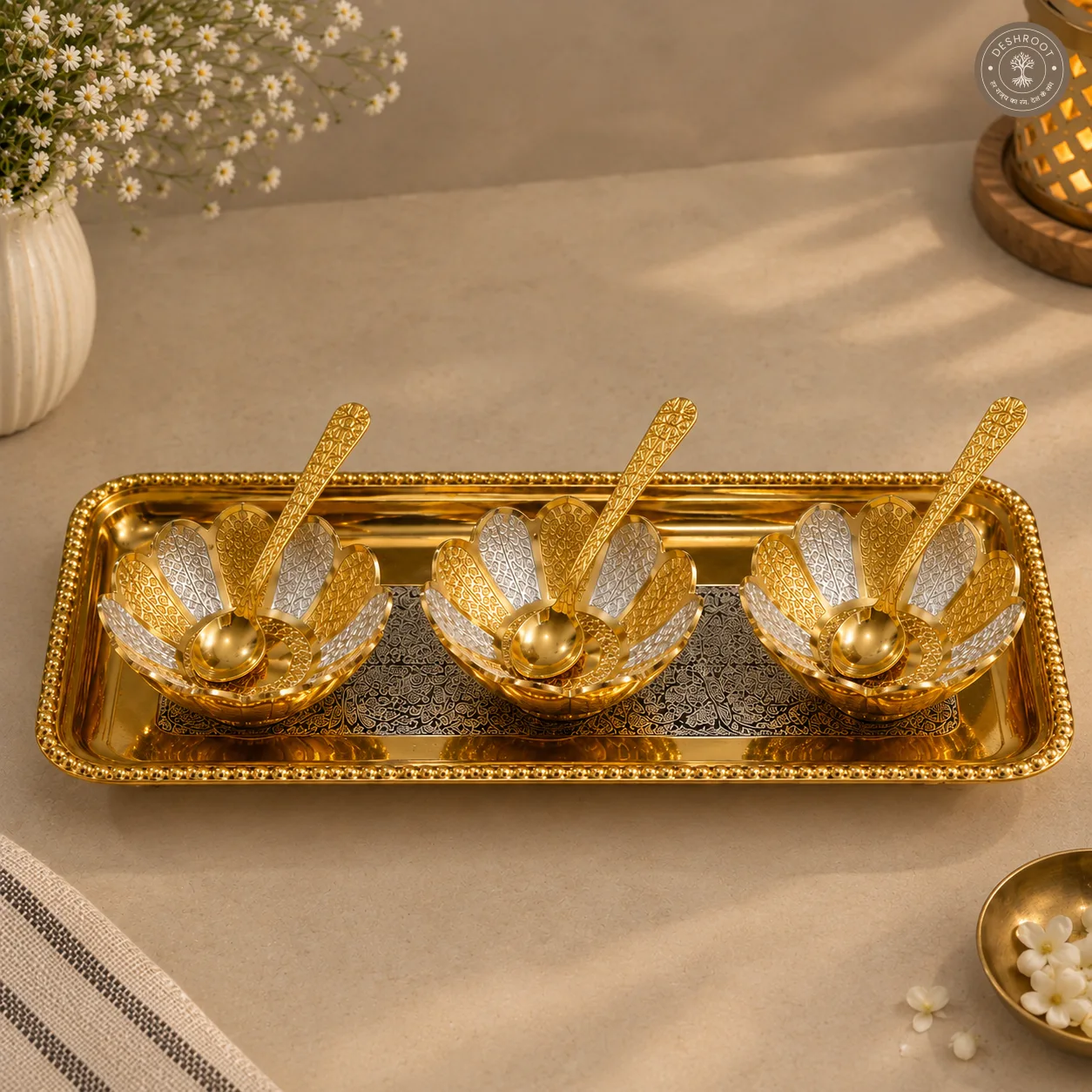 Golden Kamal Bowl Gift Set with 12 Inch Tray and Spoons