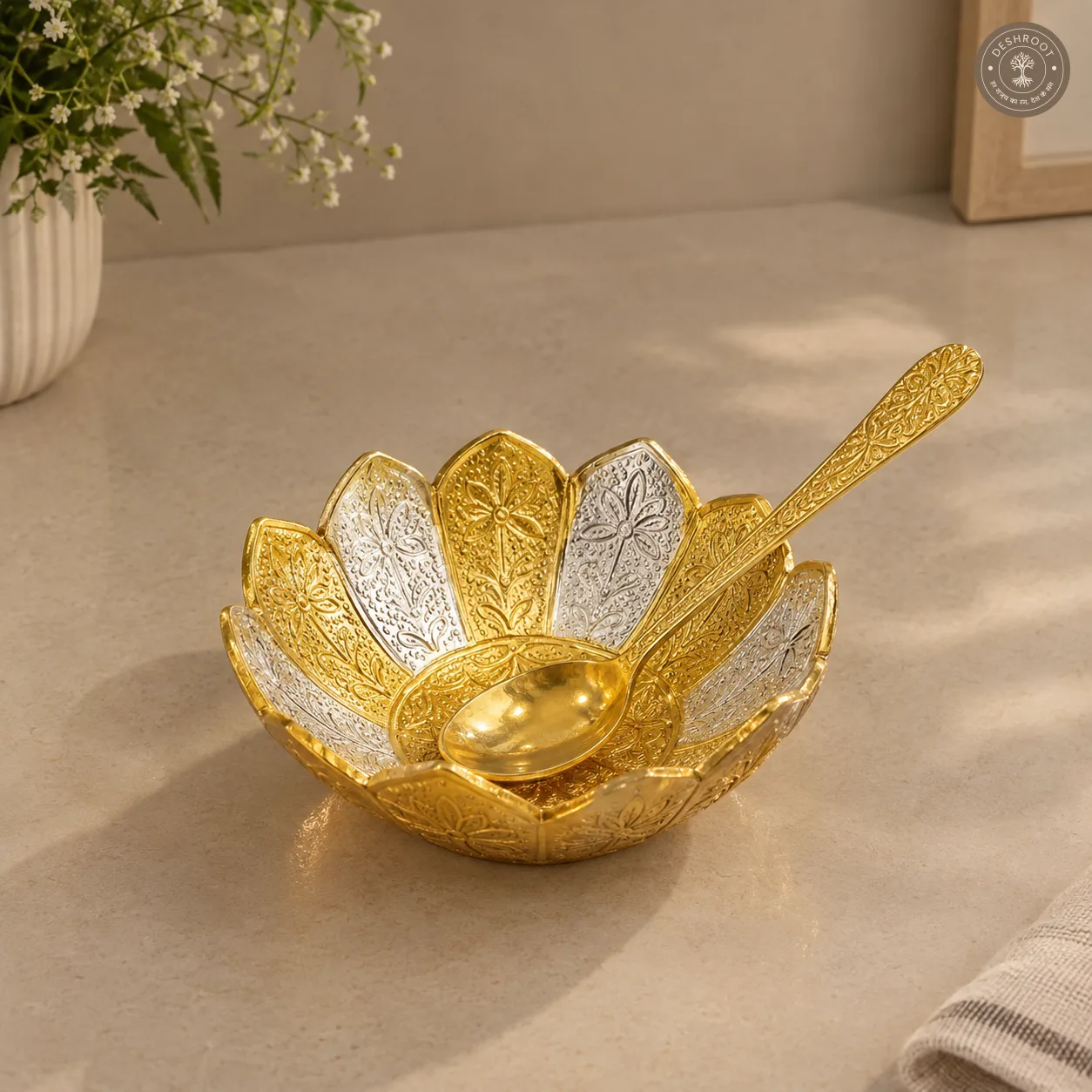 Golden Kamal Bowl Gift Set with 12 Inch Tray and Spoons