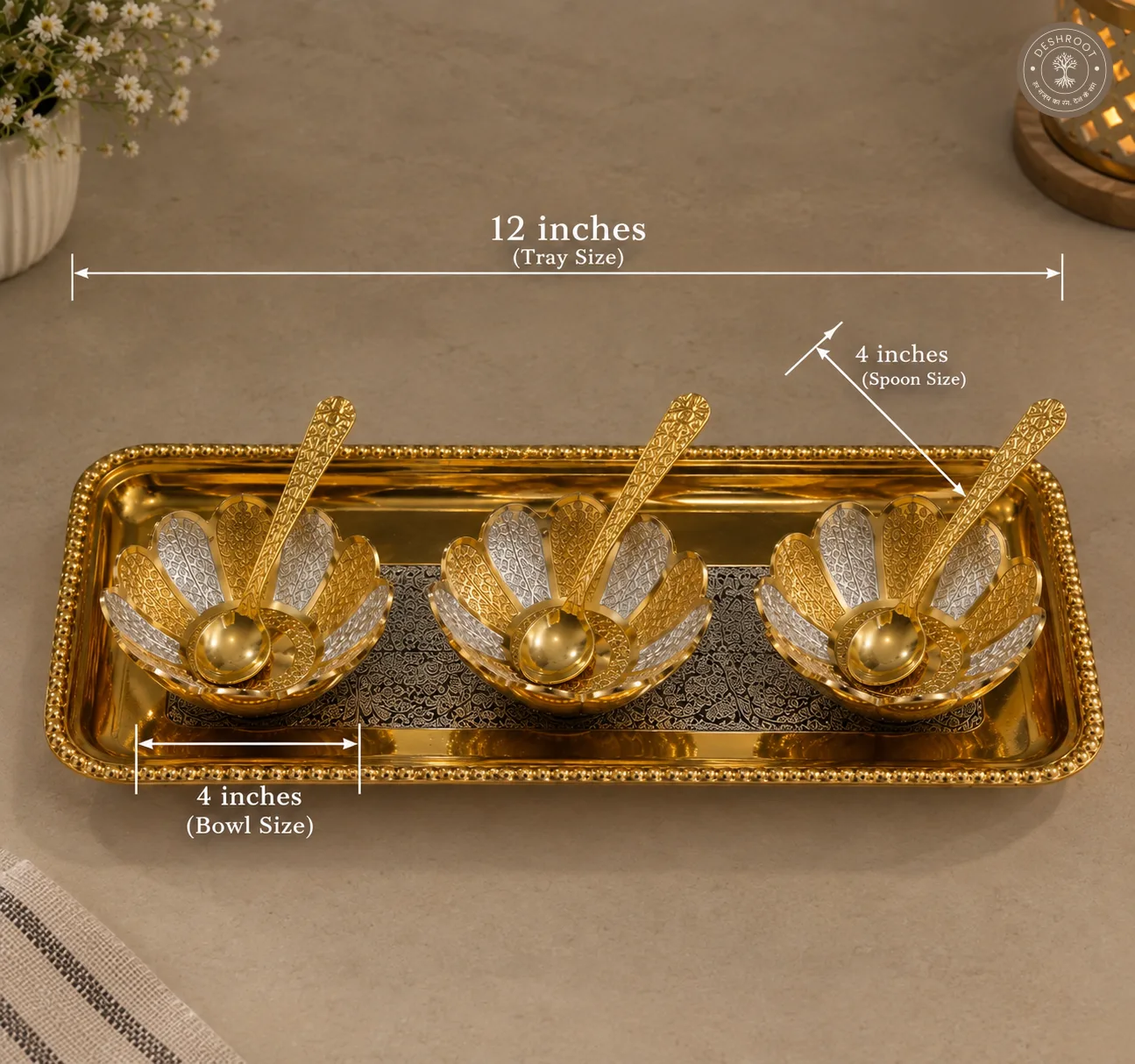 Golden Kamal Bowl Gift Set with 12 Inch Tray and Spoons