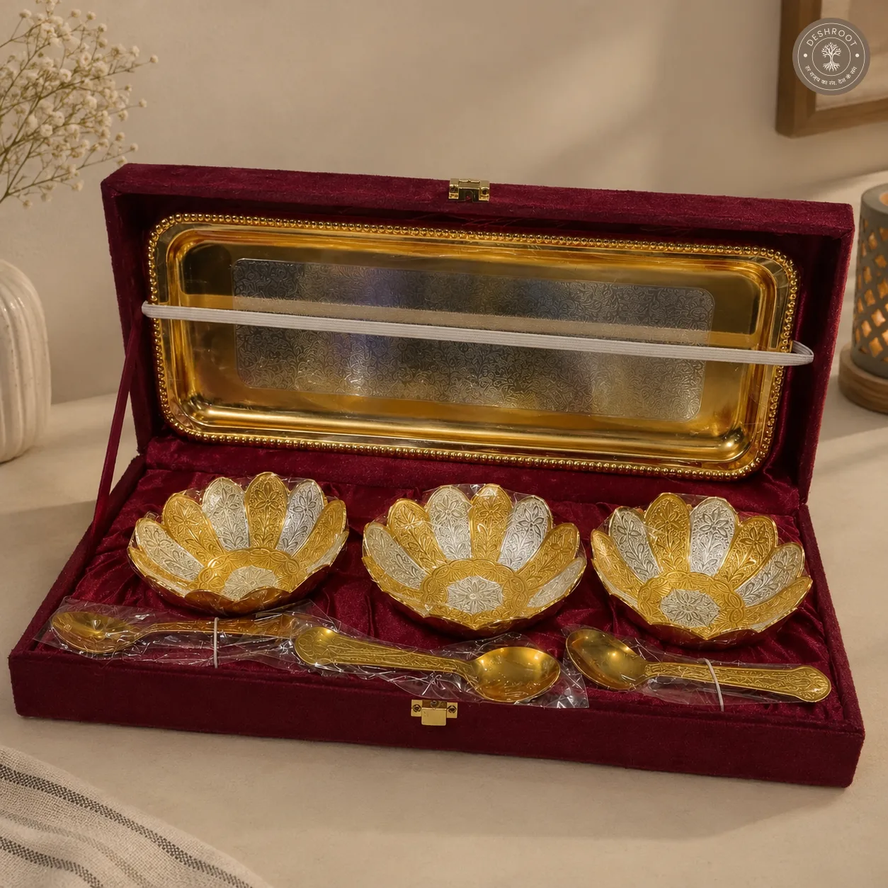 Golden Kamal Bowl Gift Set with 12 Inch Tray and Spoons