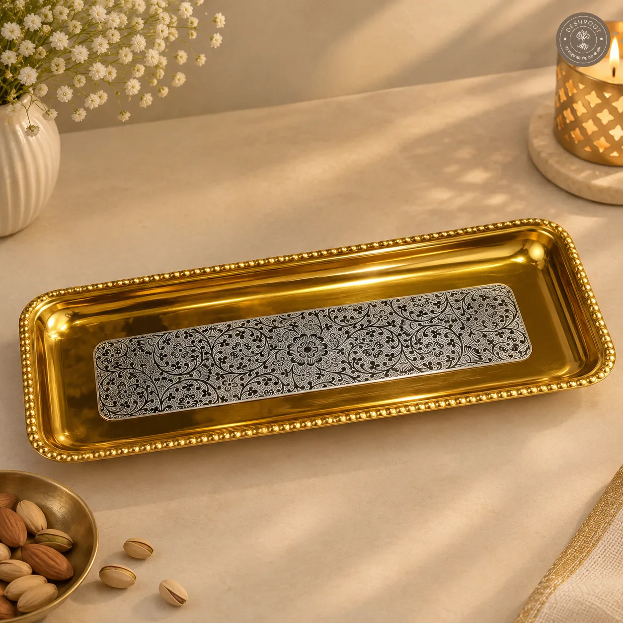 Golden Decorative Bowl Gift Set with 12 Inch Tray and Spoons