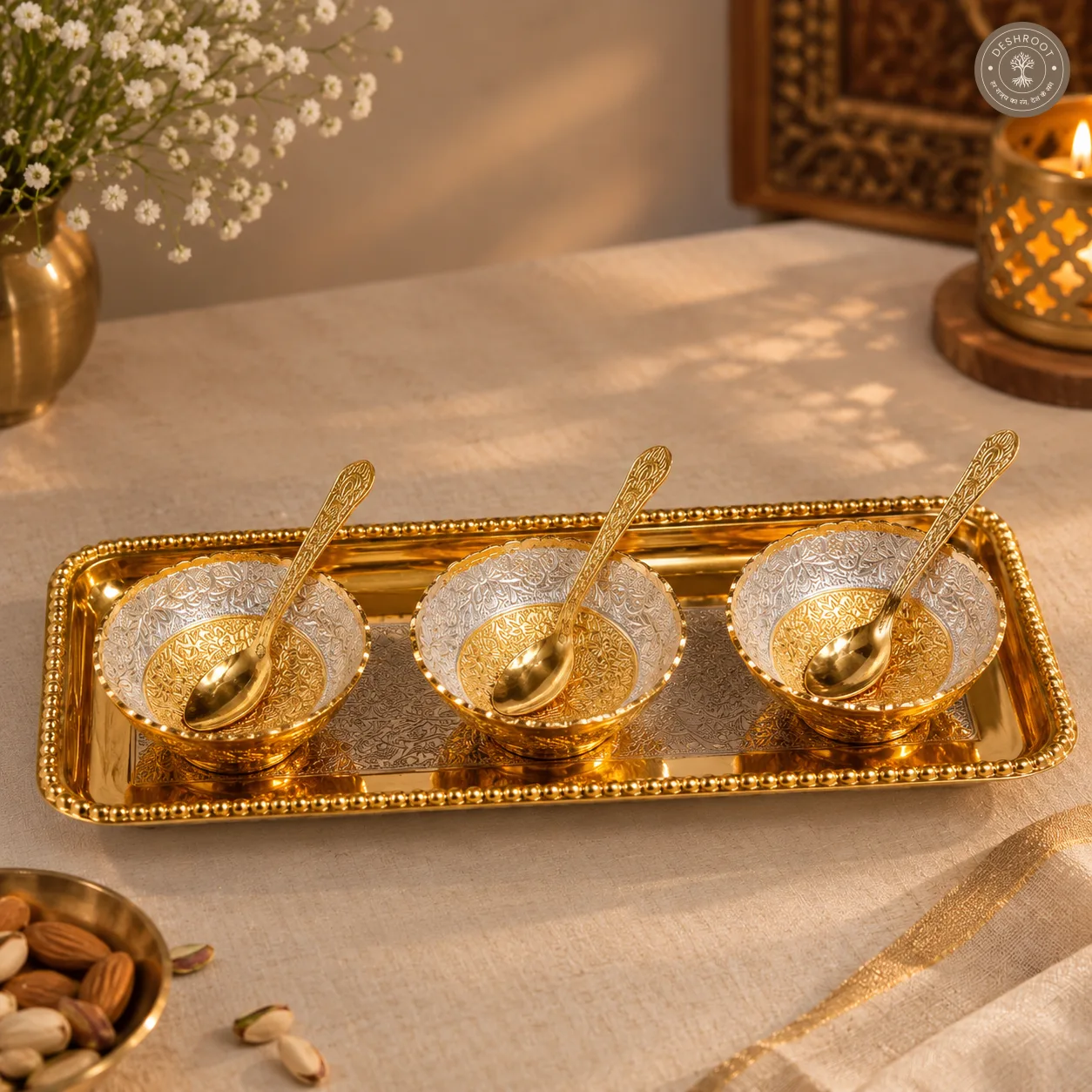 Golden Decorative Bowl Gift Set with 12 Inch Tray and Spoons